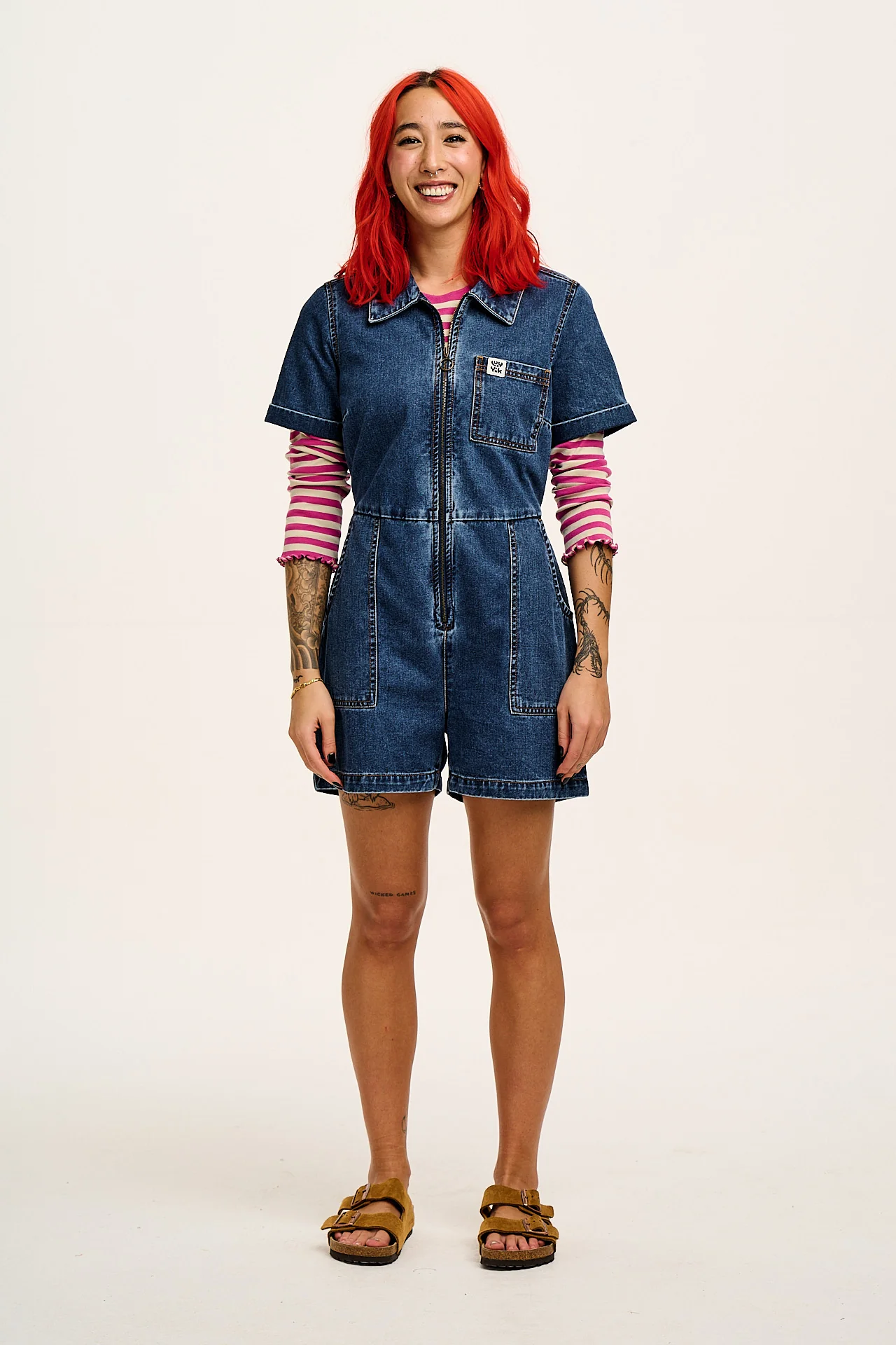 Riley - Denim Playsuit in Mid Wash Blue