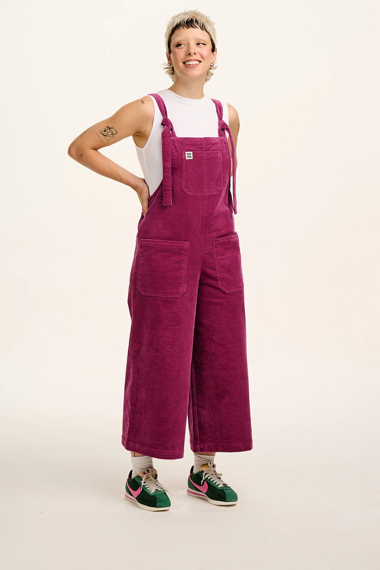 Jenny - Wide Leg Corduroy Dungaree in Raspberry
