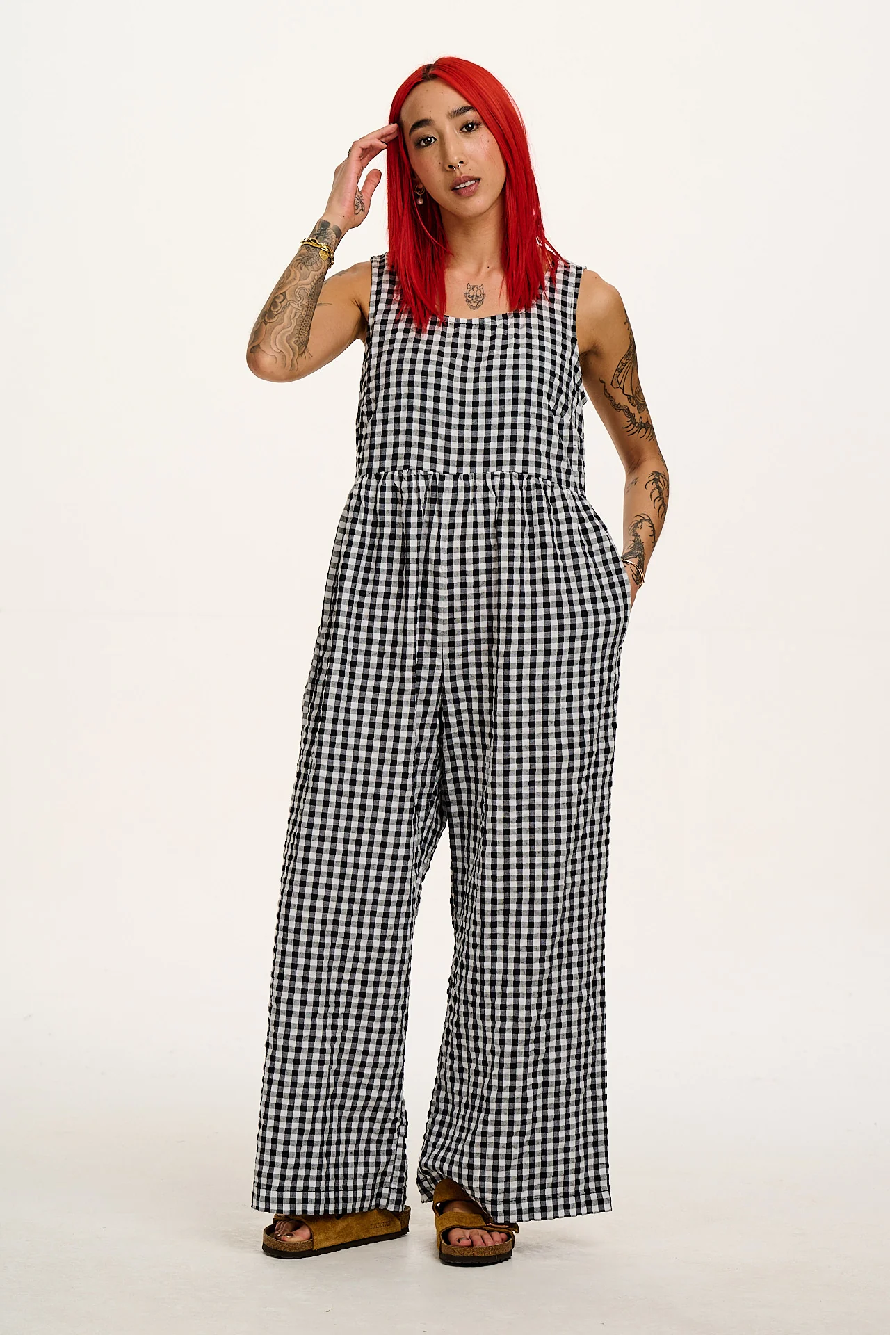 Bellamy - Wide Leg Cotton Jumpsuit in Black & White Gingham