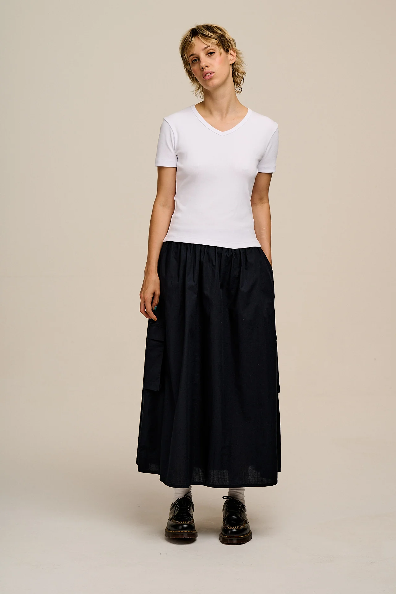 Ivy - Ribbed Cotton V Neck Tee in White