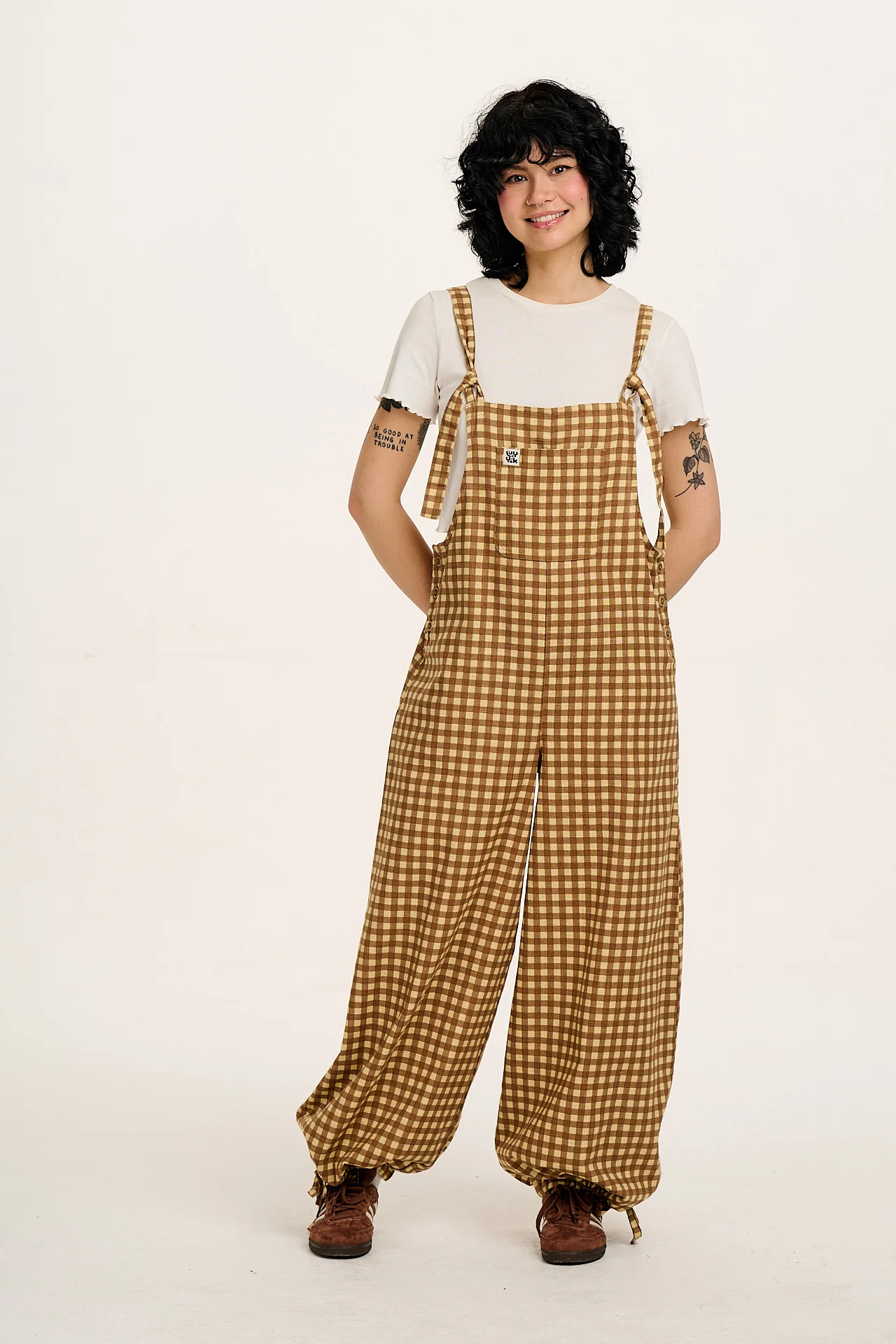 Ali - Wide Leg Cotton Dungarees Brown Birch Gingham Print