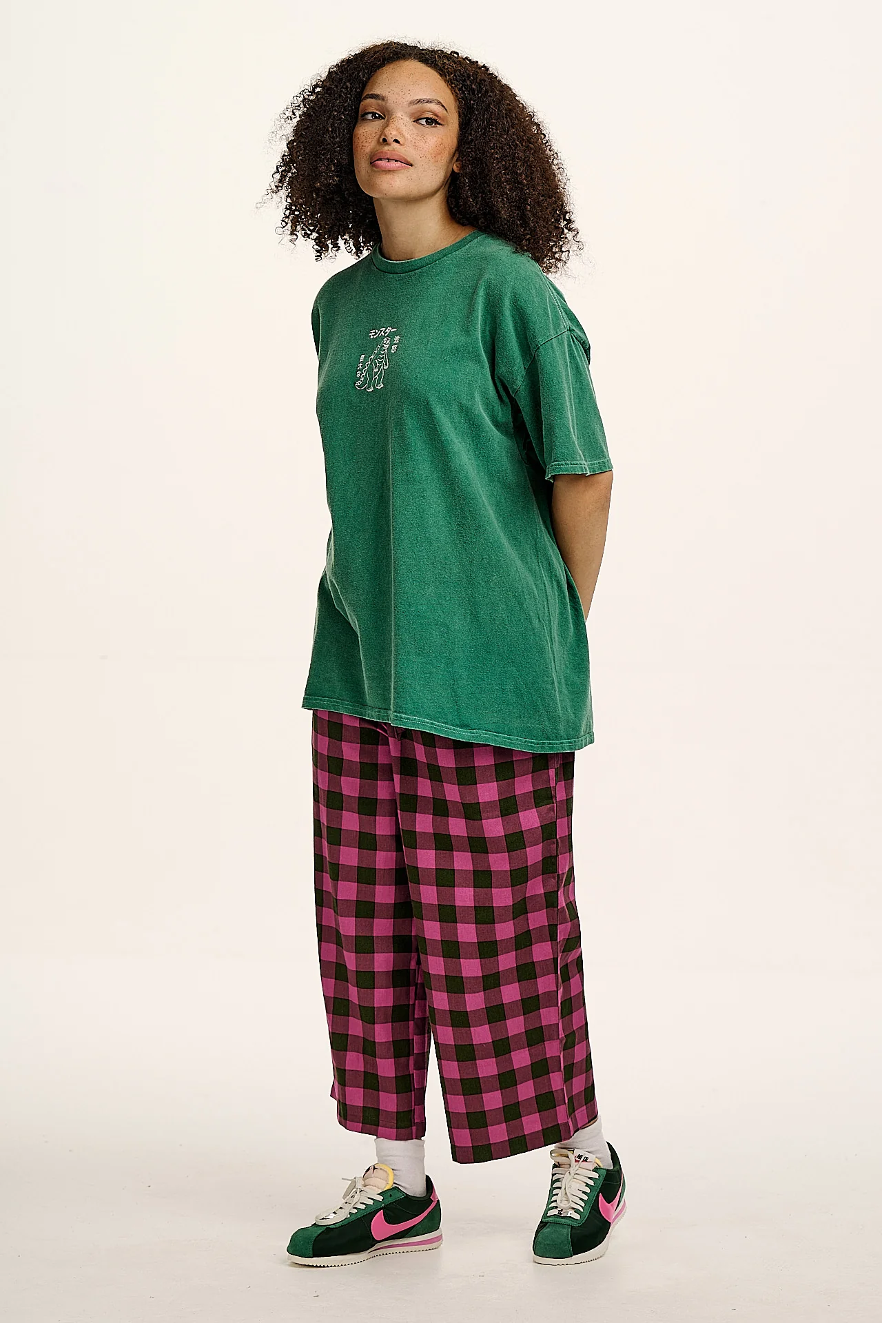 Chuck - Wide Leg Cotton Trousers in Pink and Green Checkerboard