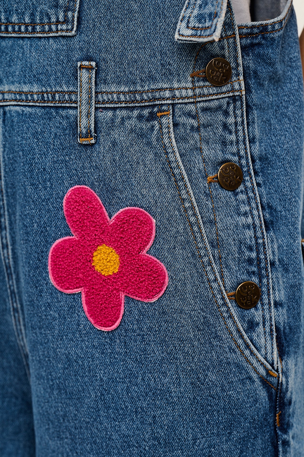 Easton - Denim Dungarees in Mid Wash Blue with Pink Flower Motif