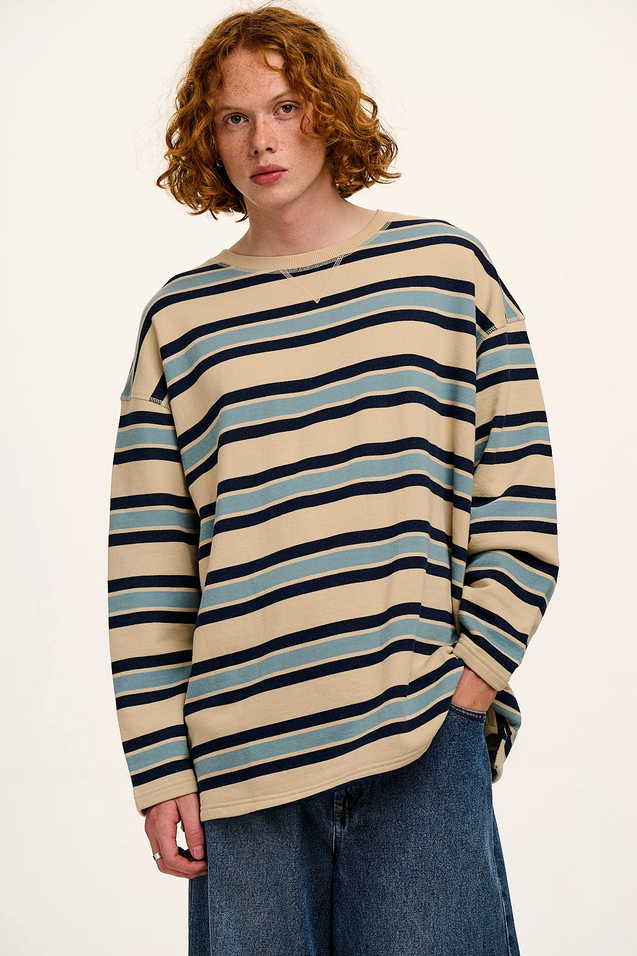 Kai - Midweight Cotton Crew Neck Sweatshirt in Blue Stripe