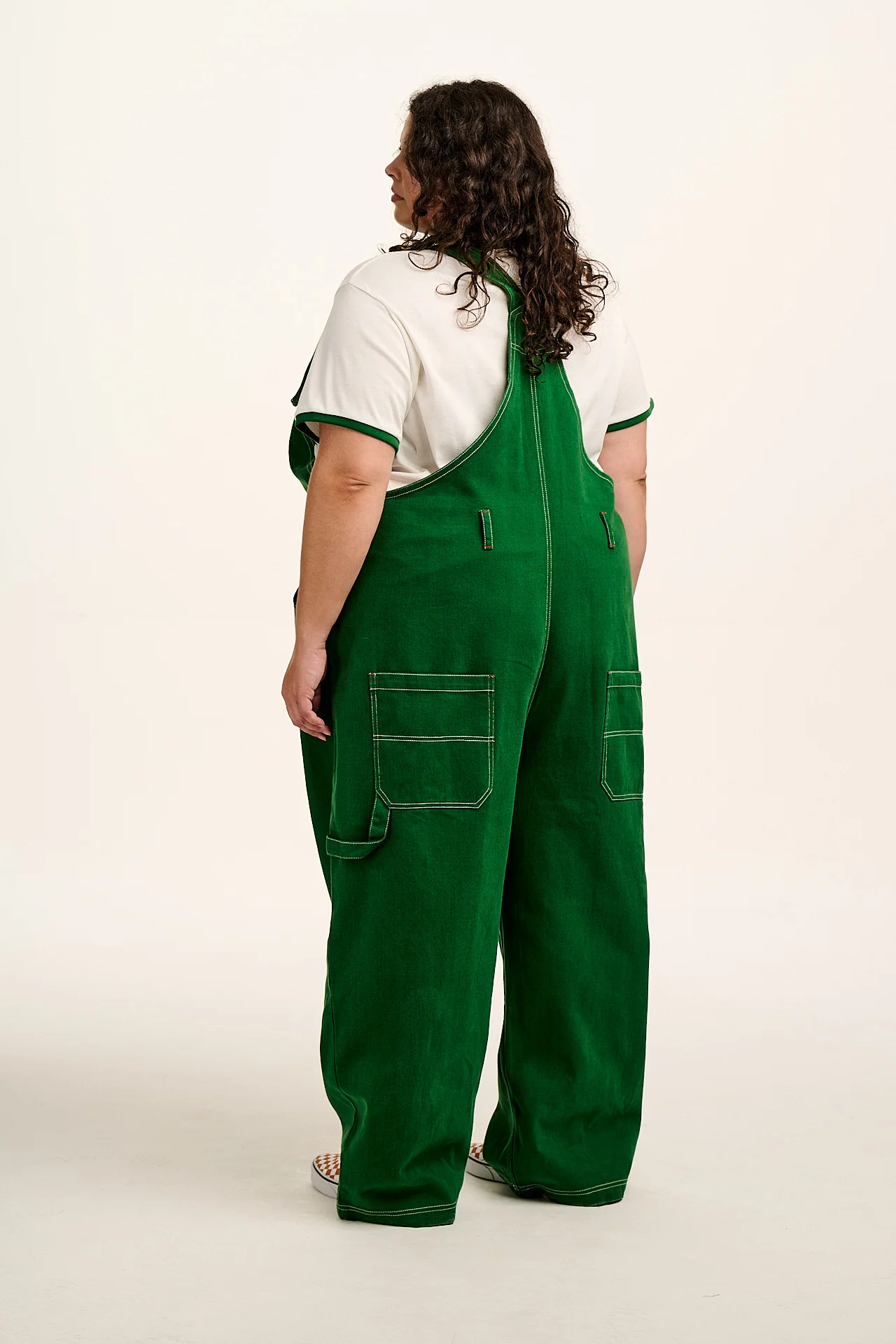 Mullen - Cotton Dungarees in Green Contrast Stitch