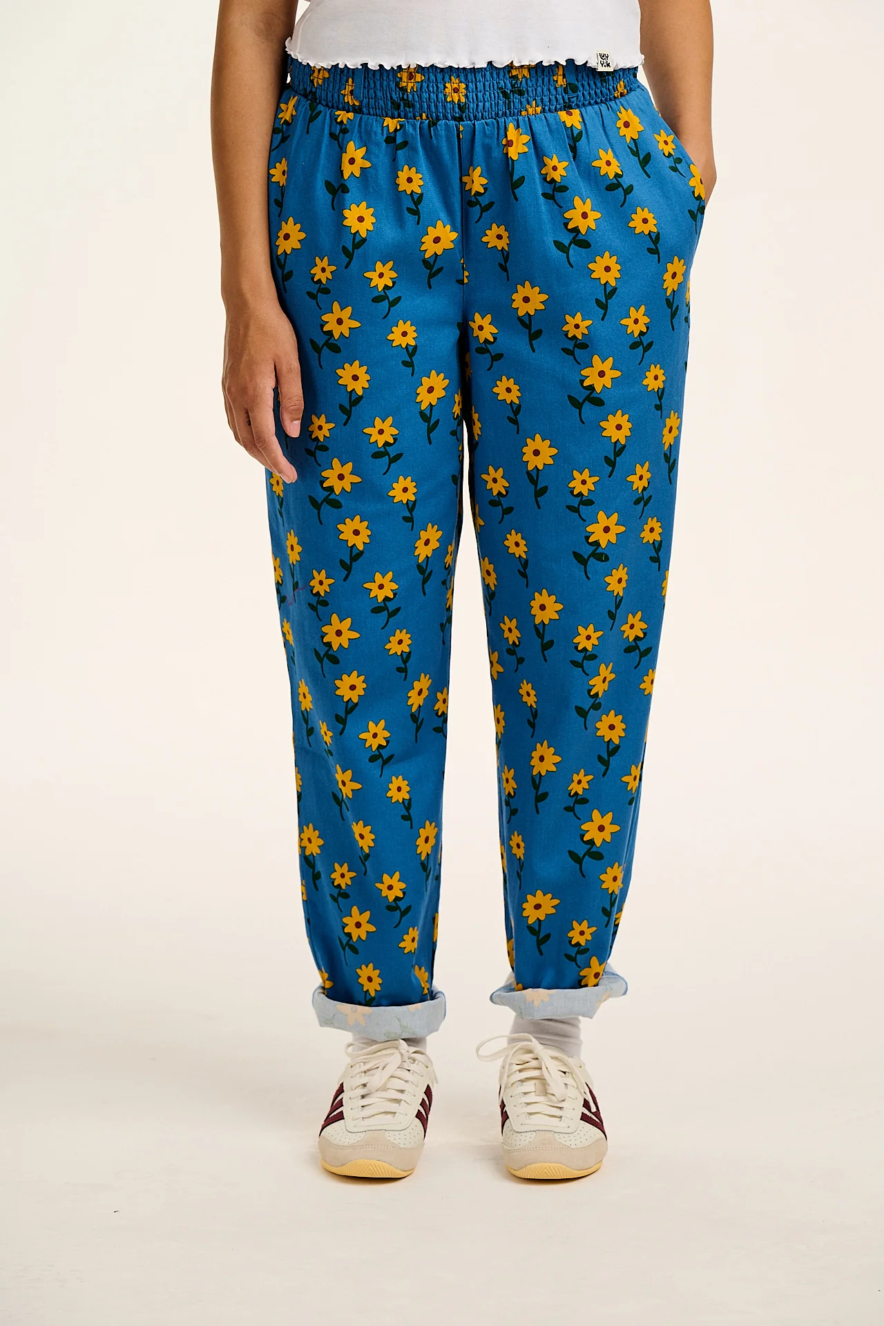 Alexa - Cotton Trousers in Blue Sunflowers Print
