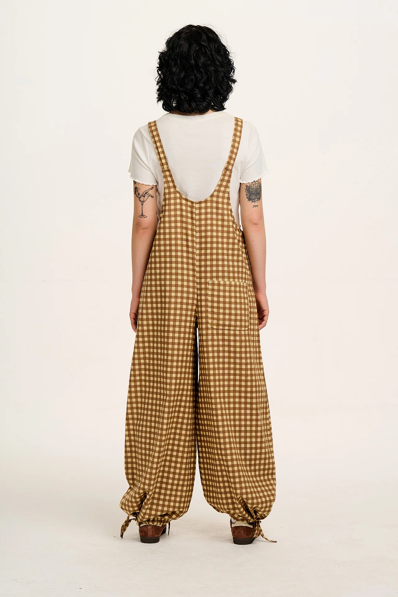 Ali - Wide Leg Cotton Dungarees Brown Birch Gingham Print