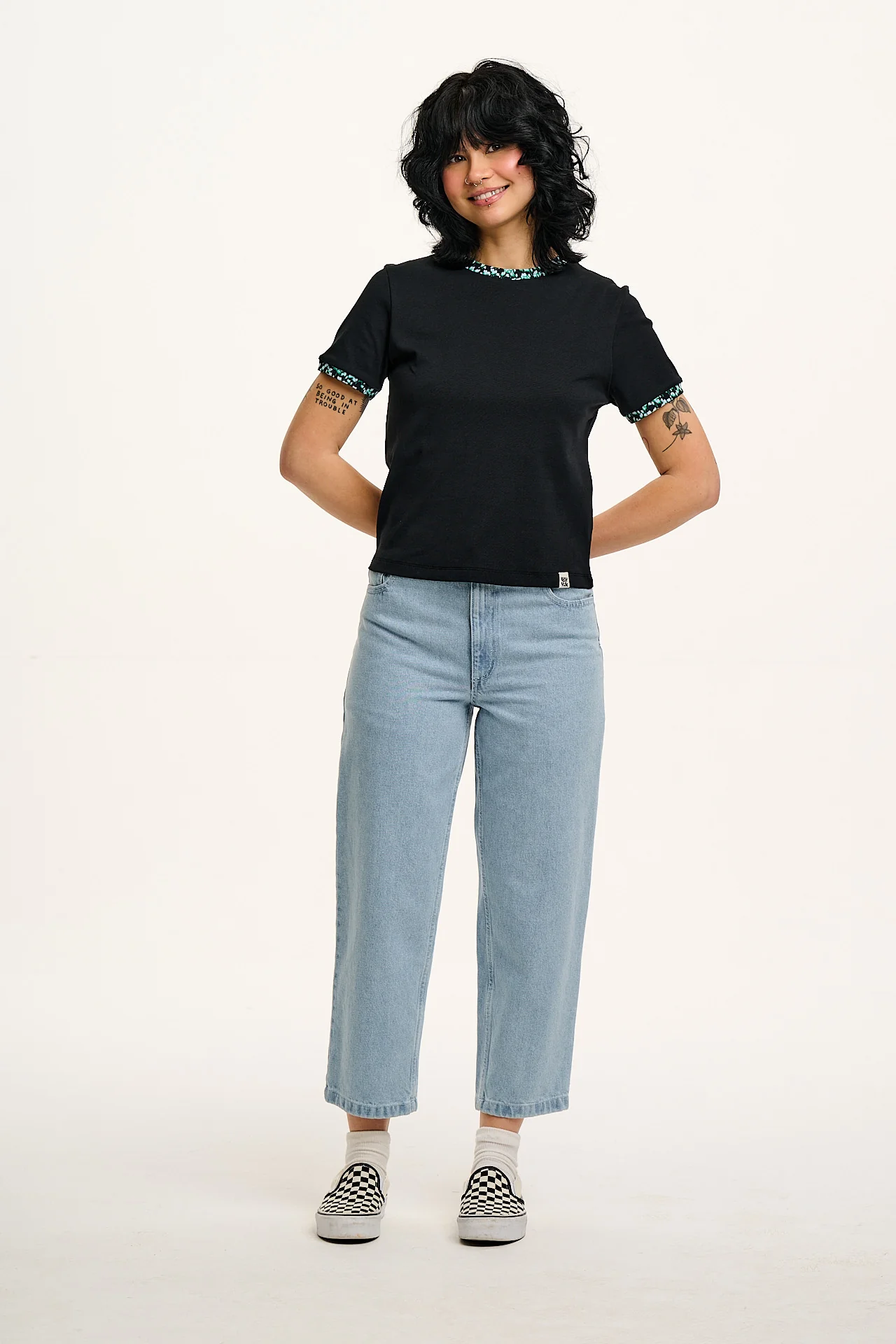 Maya - Cotton Tee in Black with Ditsy Floral Print