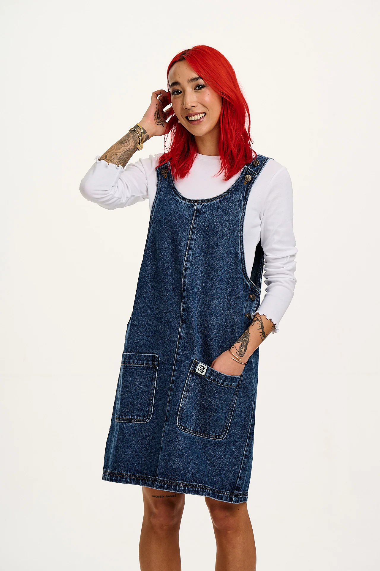 Layla - Mini Denim Dress in Mid Wash Blue