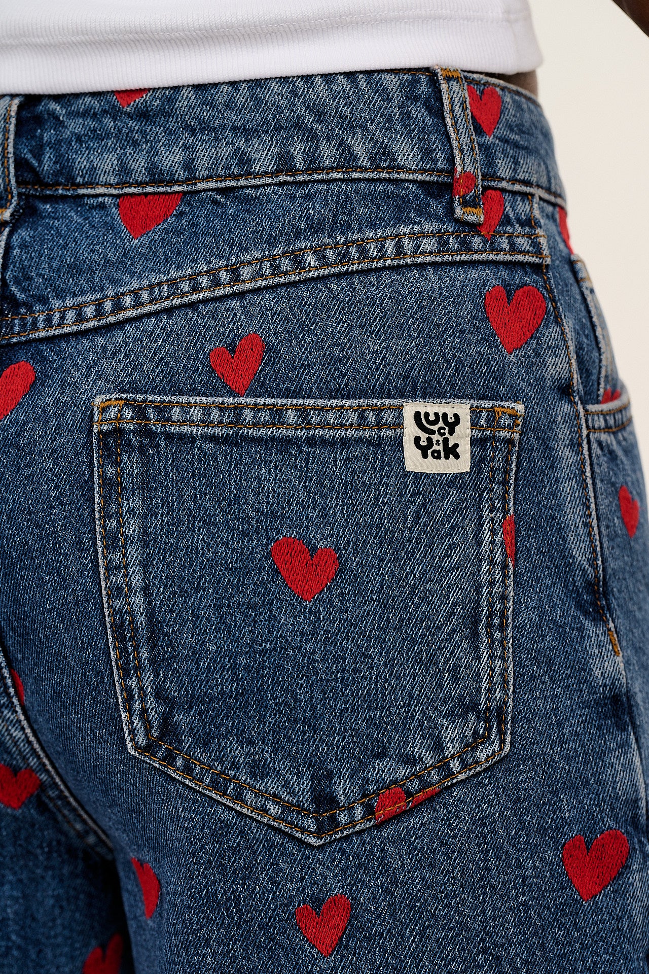 Drew - Cropped Straight Leg Denim Jeans in Mid Wash Blue with Cupid Hearts Embroidery