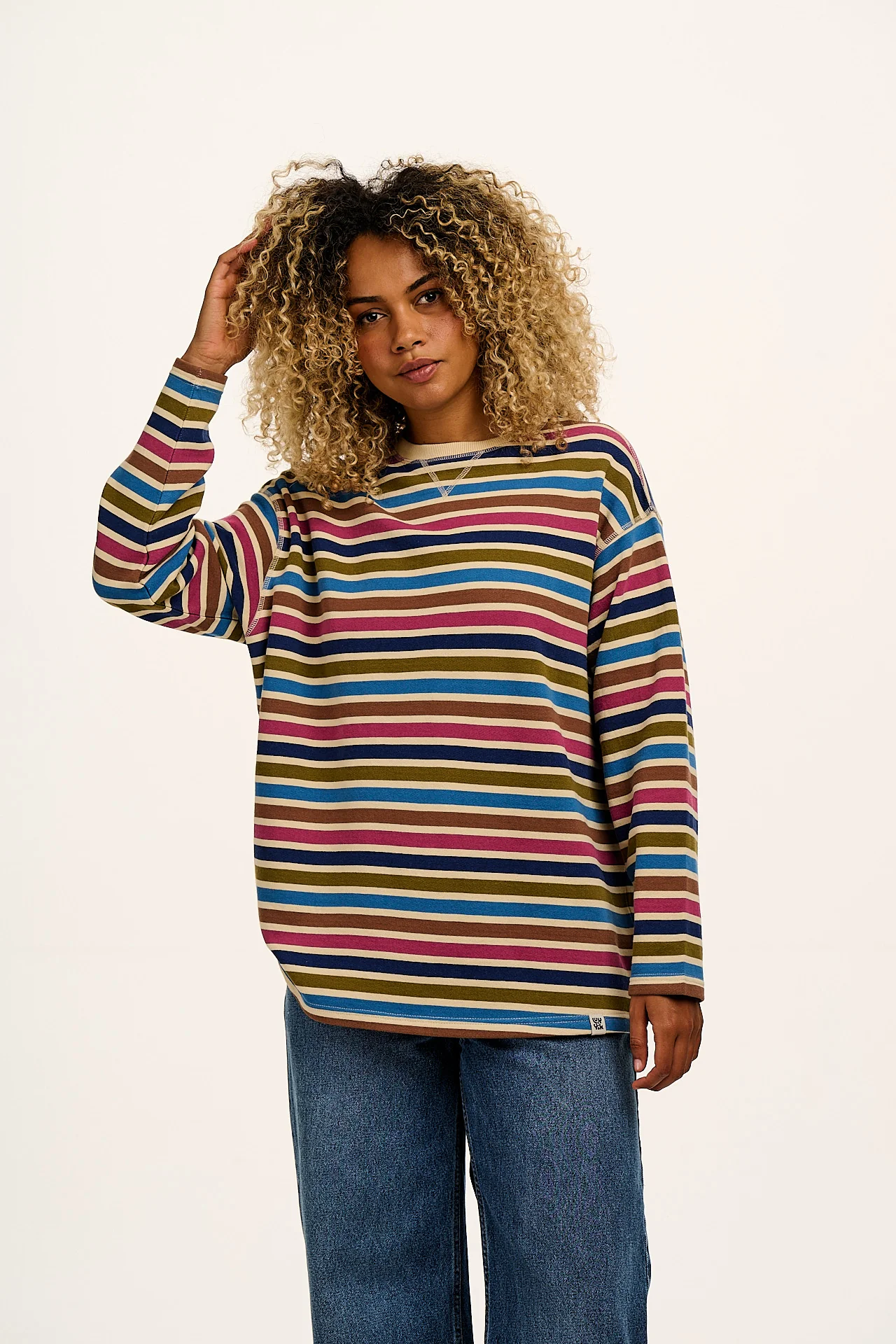 Kai - Midweight Cotton Crew Neck Sweatshirt in Rainbow & Ecru Stripe