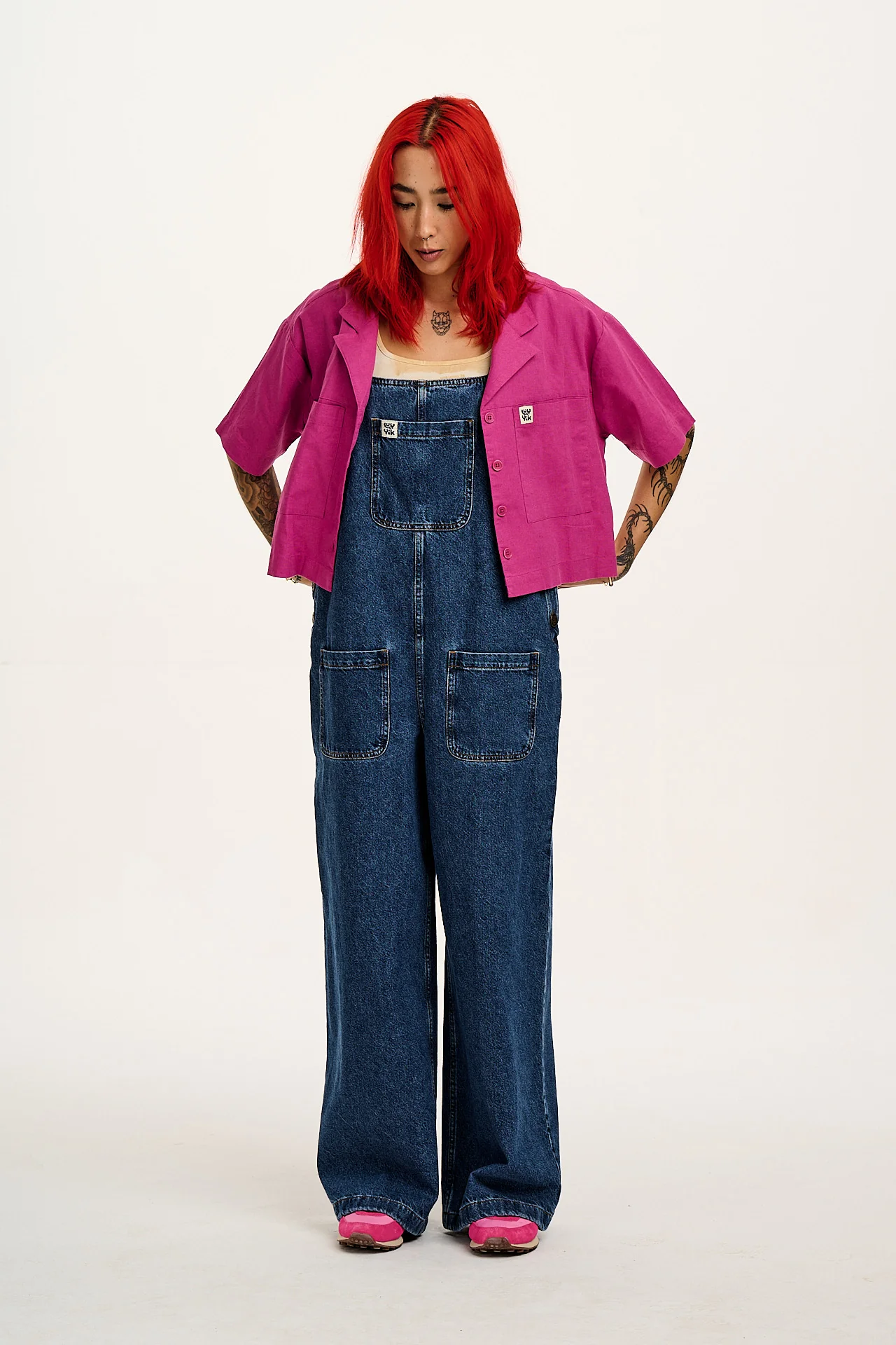 Ali - Wide Leg Denim Dungarees in Mid Wash Blue
