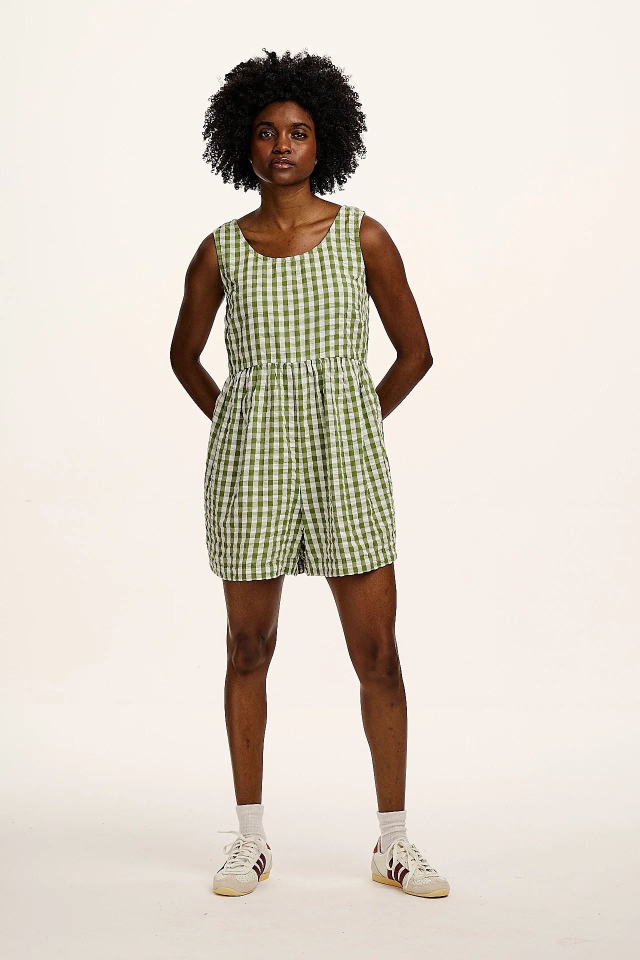 Alisa - Cotton Playsuit in Green & White Gingham