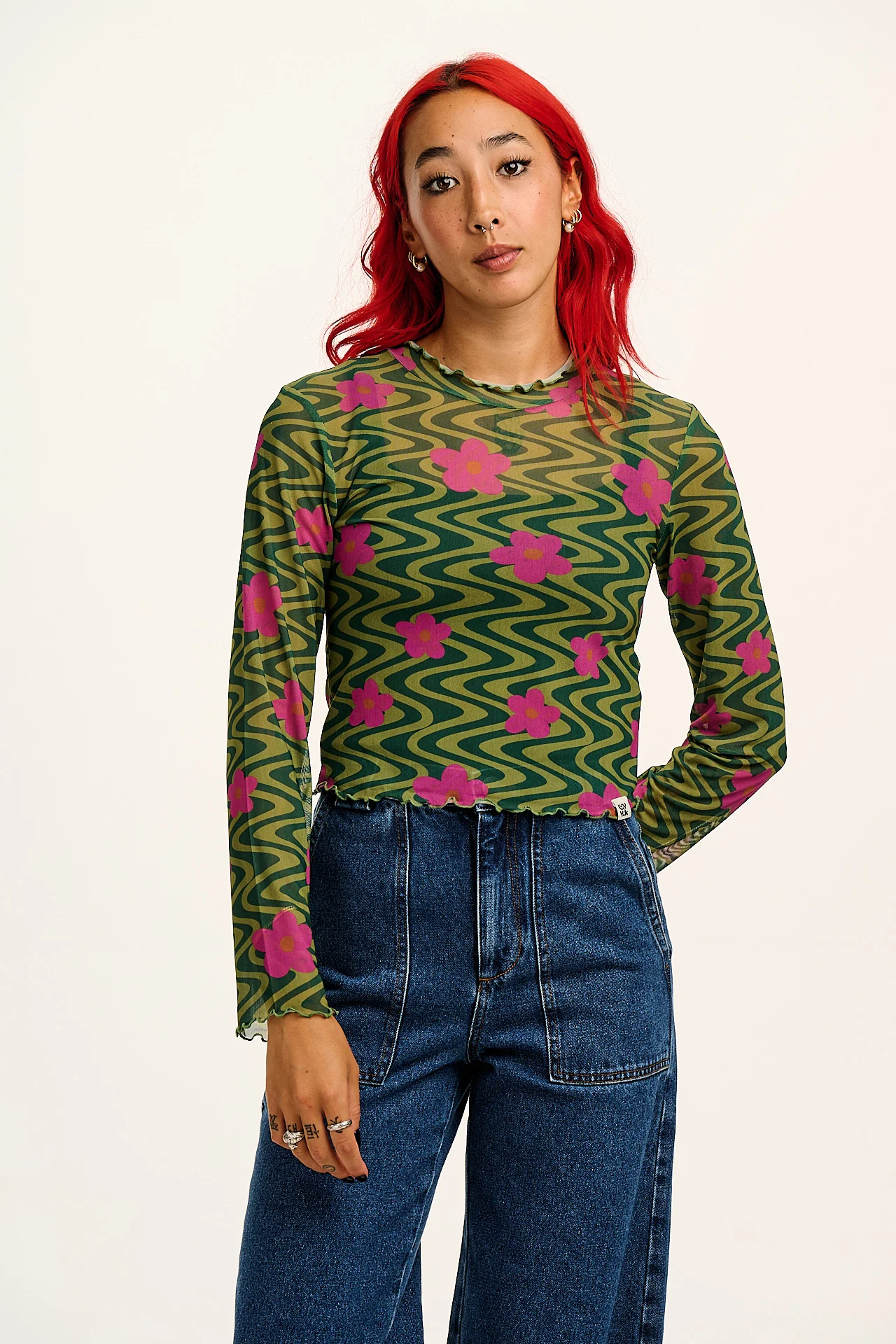 Perrie - Long Sleeve Mesh Top in Green Floral Swirl Print