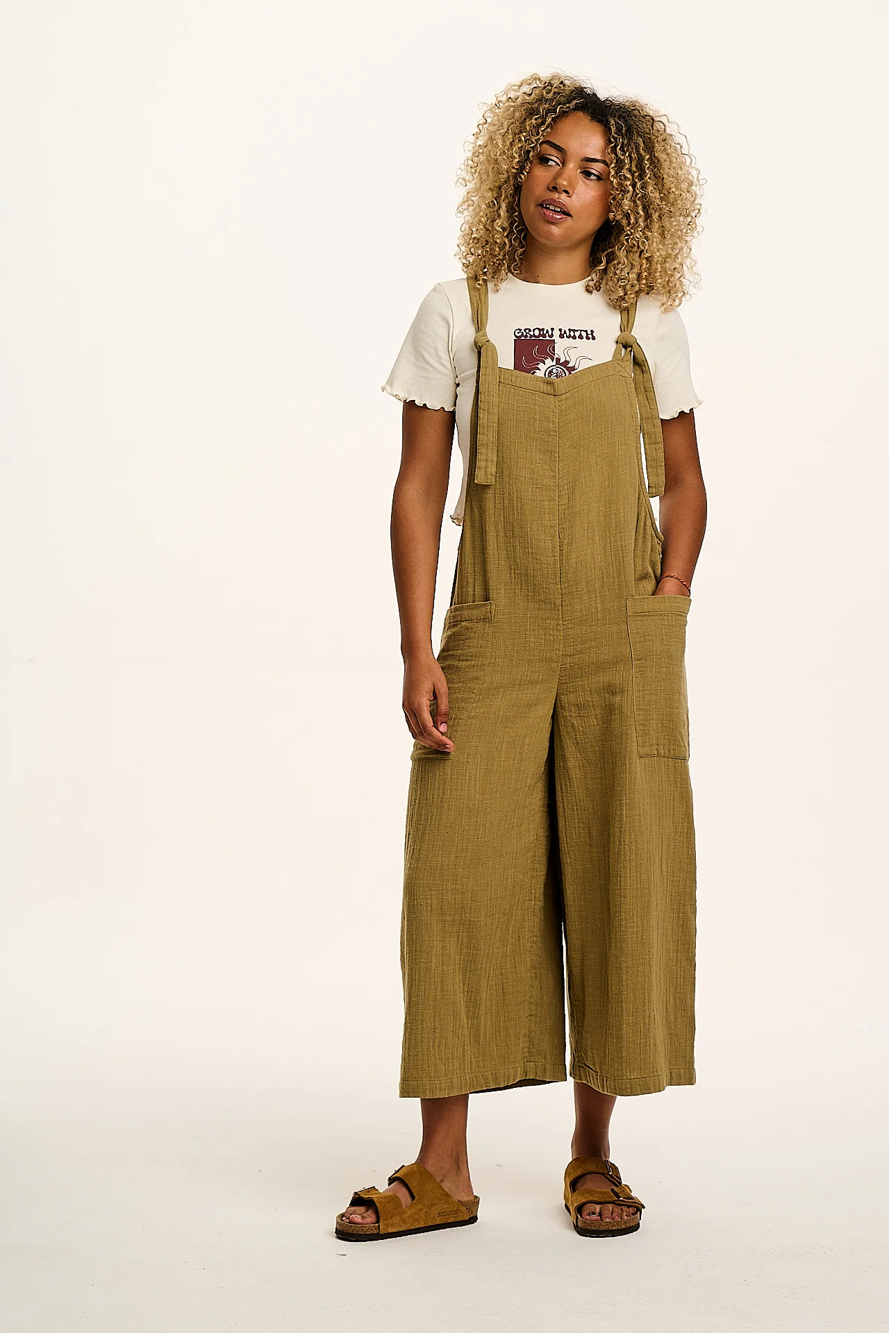 Rudy - Cotton Gauze Dungarees in Olive Green