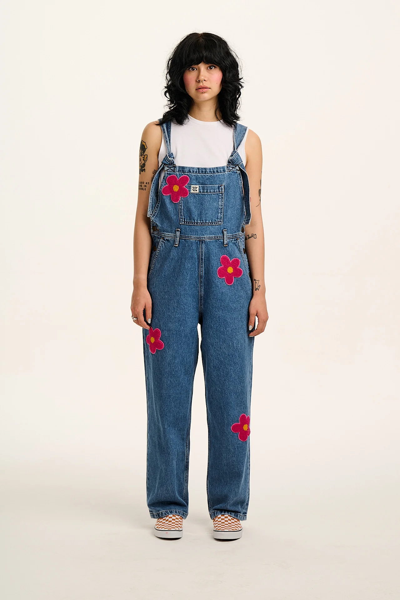 Easton - Denim Dungarees in Mid Wash Blue with Pink Flower Motif