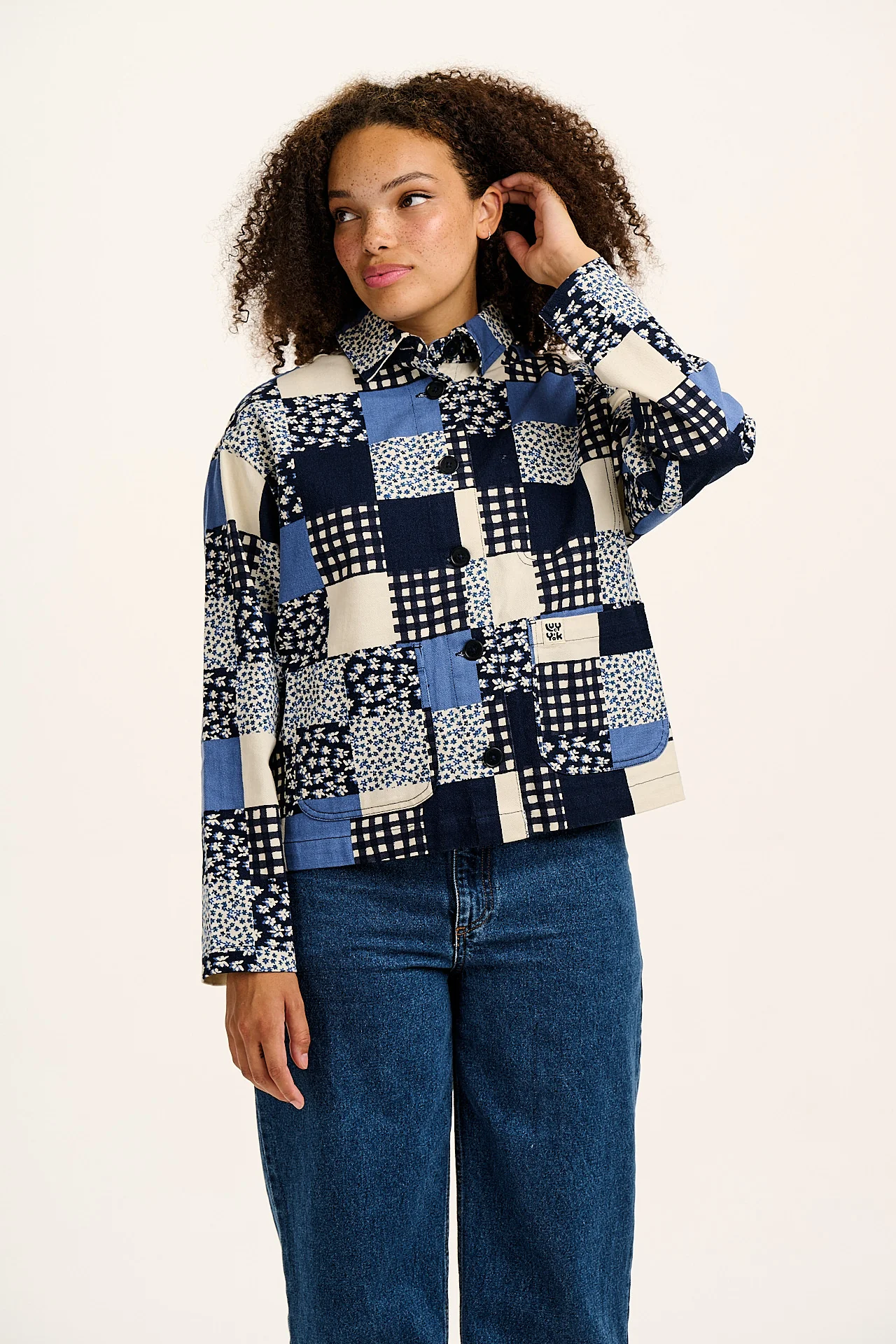 Connie - Cotton Jacket in Inked Blue Patchwork