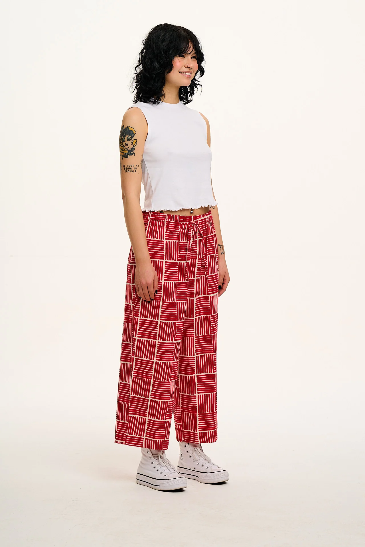Chuck - Wide Leg Cotton Trousers in Red Geo Print