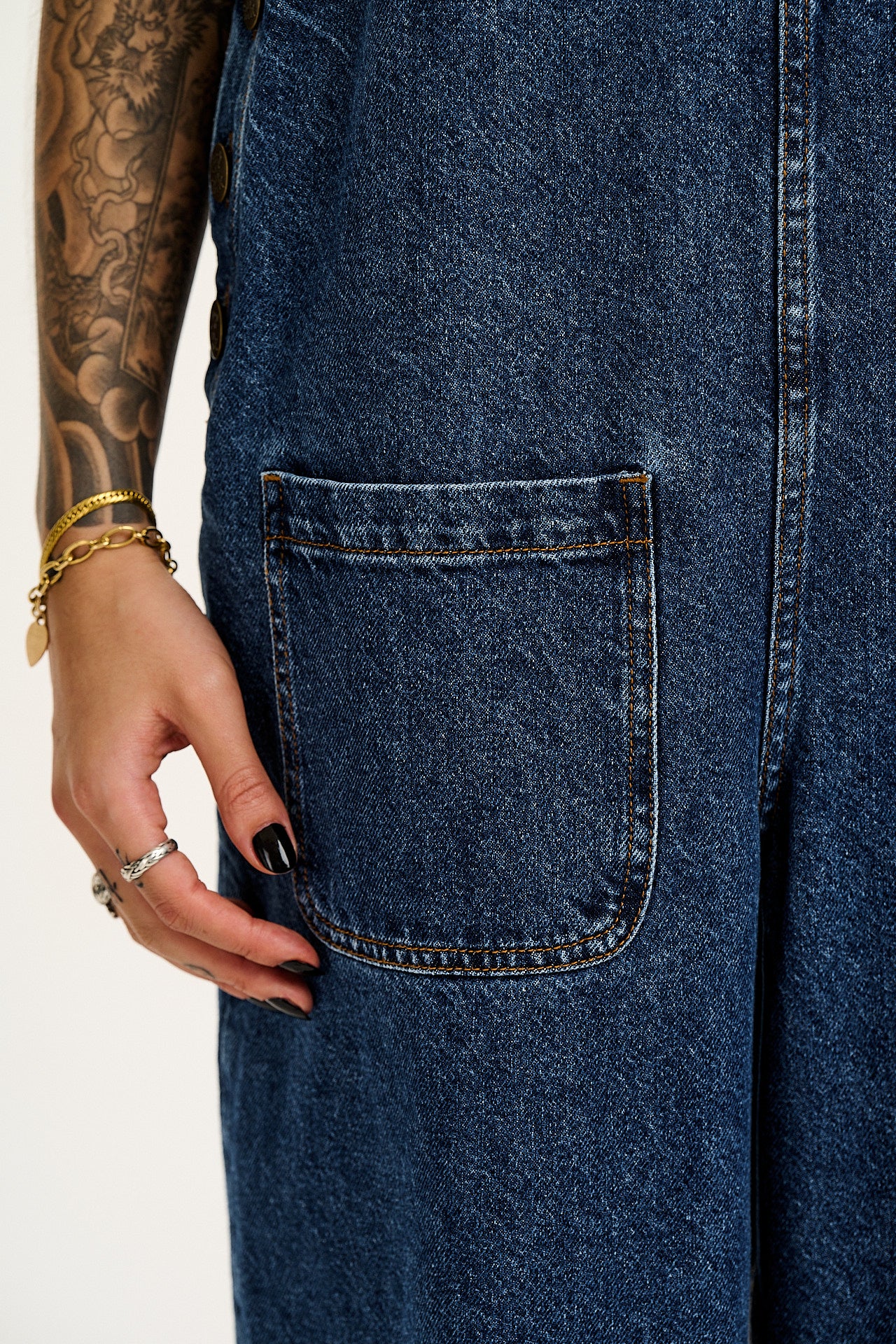 Ali - Wide Leg Denim Dungarees in Mid Wash Blue
