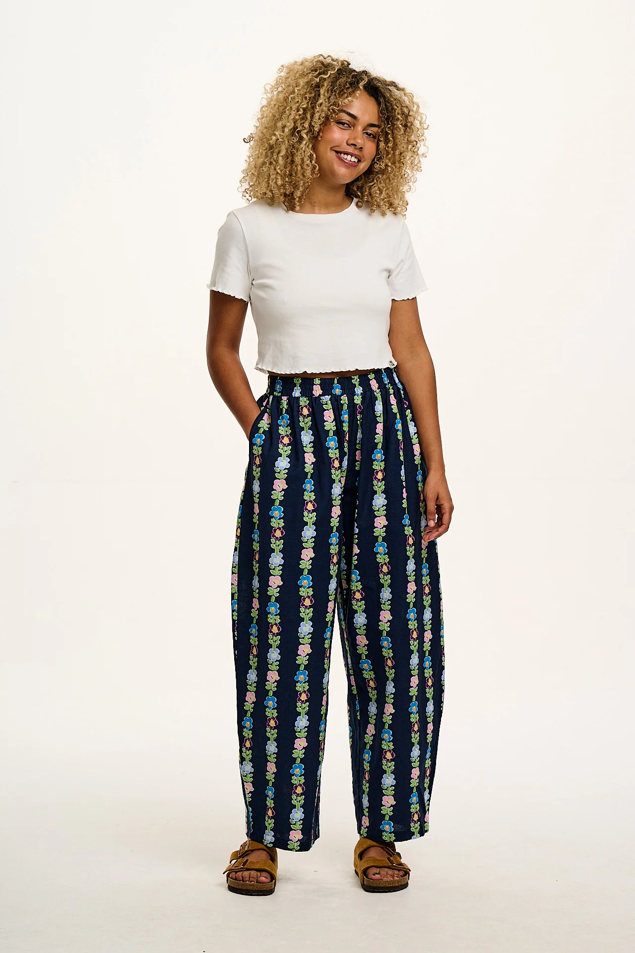 Freddie - Barrel Leg Cotton & Linen Trousers in Navy Island Bloom Print