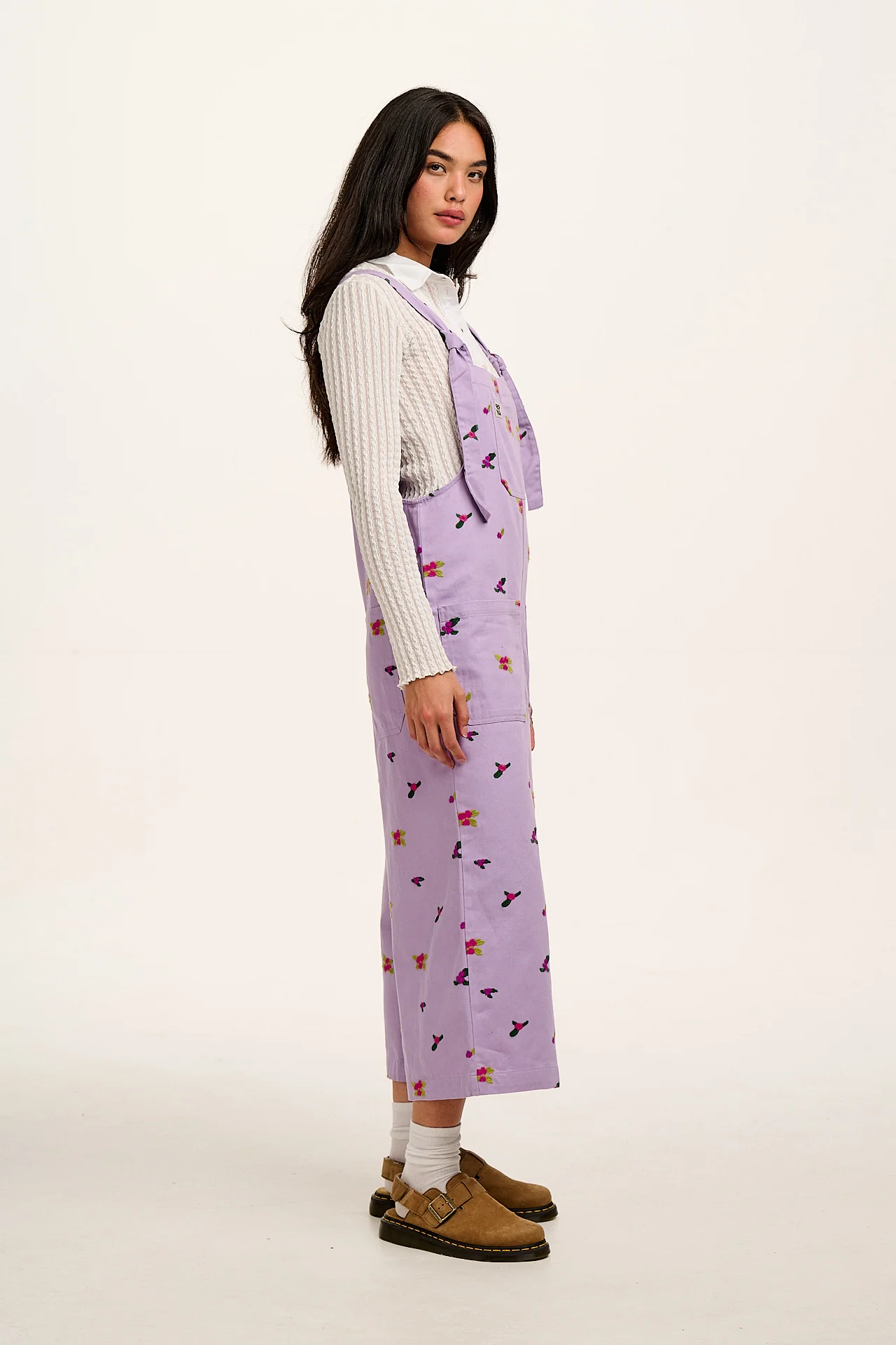 Jenny -  Wide Leg Cotton Dungarees in Lilac with Floral Embroidery