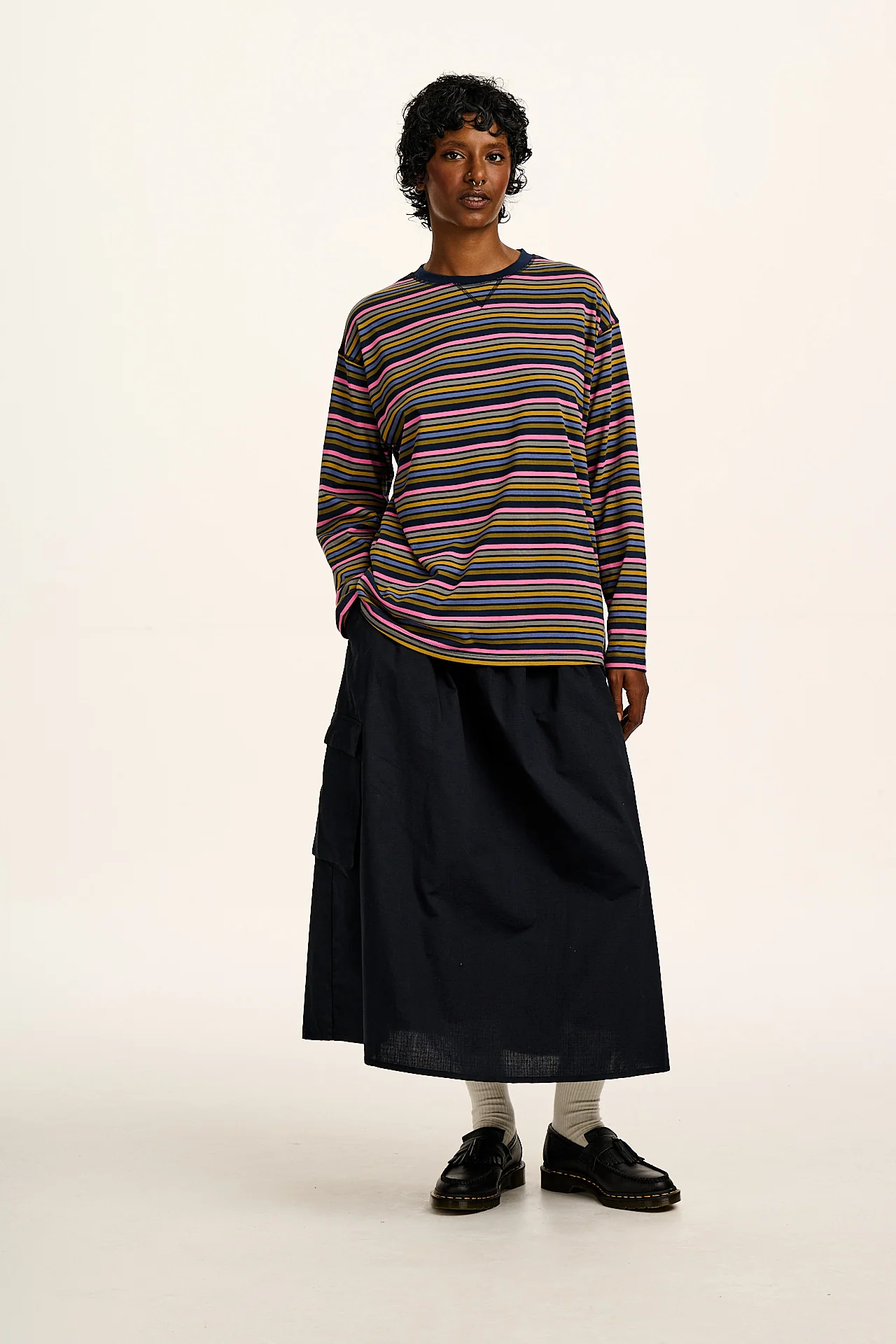 Murat - Long Sleeve Lightweight Cotton Tee in Grunge Stripe