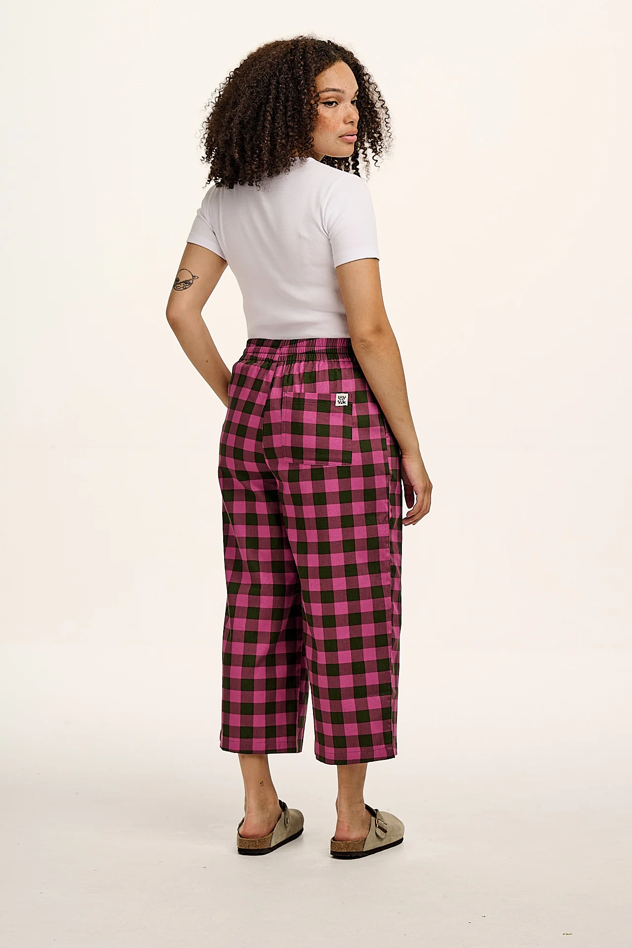 Chuck - Wide Leg Cotton Trousers in Pink and Green Checkerboard
