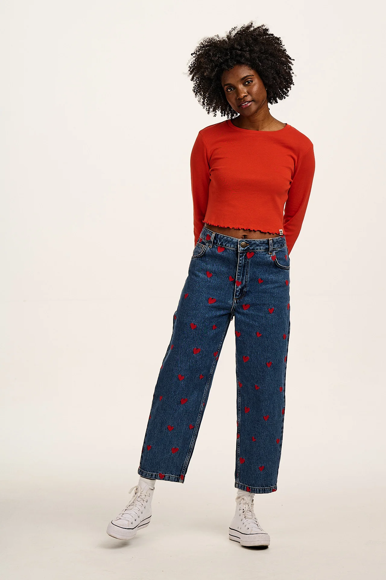 Drew - Cropped Straight Leg Denim Jeans in Mid Wash Blue with Cupid Hearts Embroidery