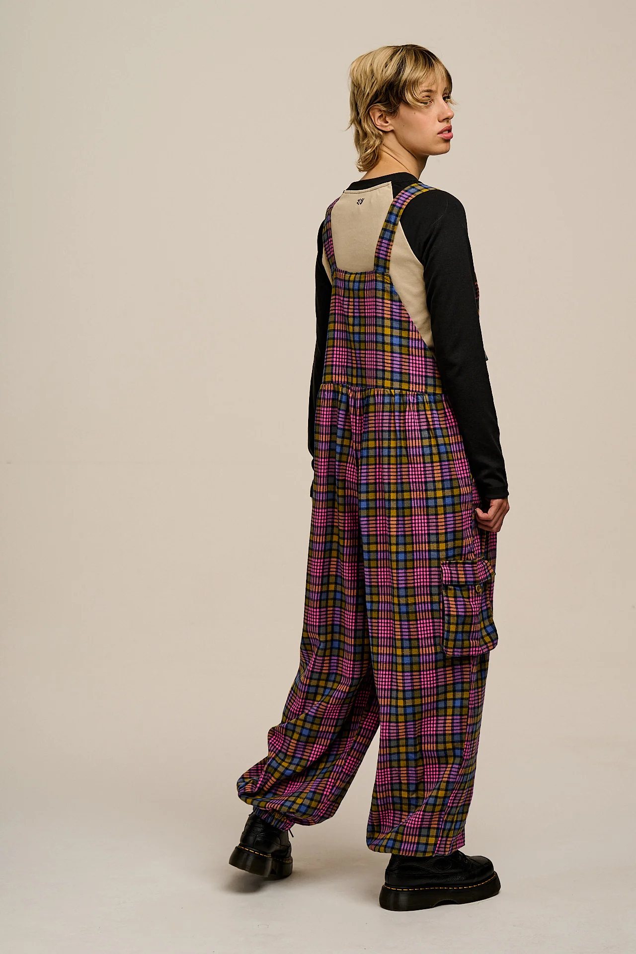 Miyada - Brushed Cotton Dungarees in Grunge Purple Check