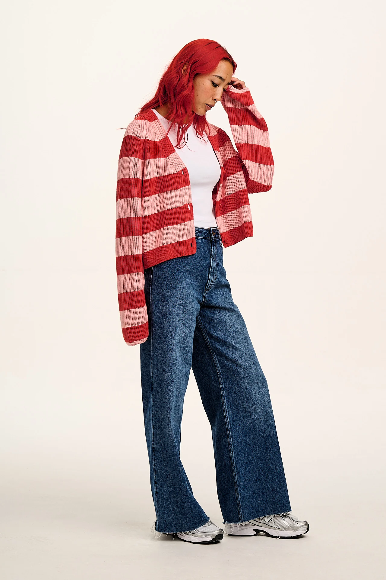 Robyn - V-Neck Cotton Cardigan in Pink & Red Stripe