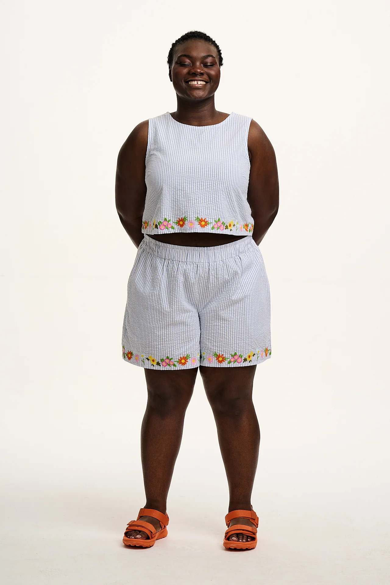 Arden - Cotton Seersucker Shell Top in Blue Stripe with Floral Embroidery