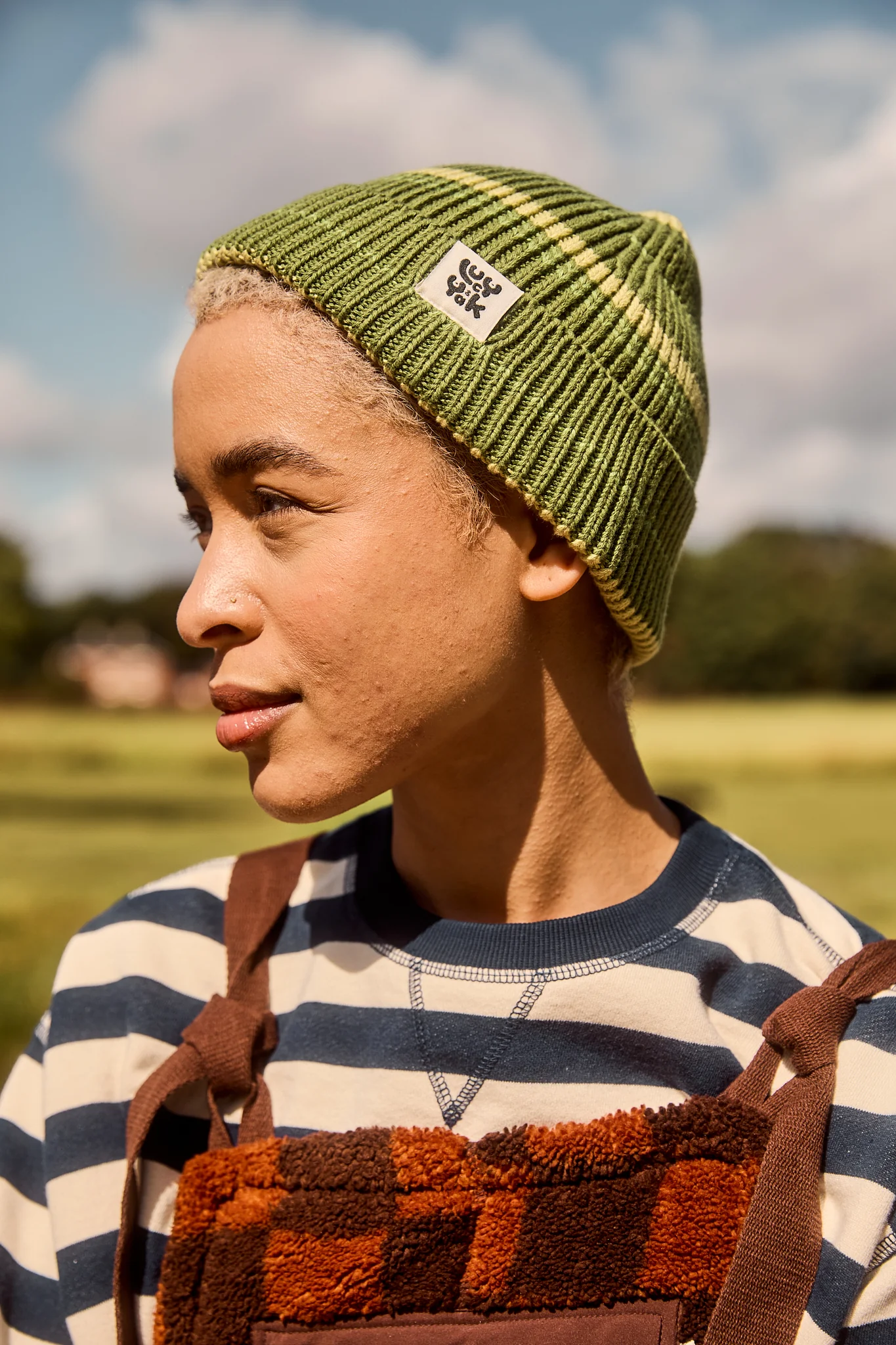 Luca - Knitted Cotton Beanie in Green Stripe