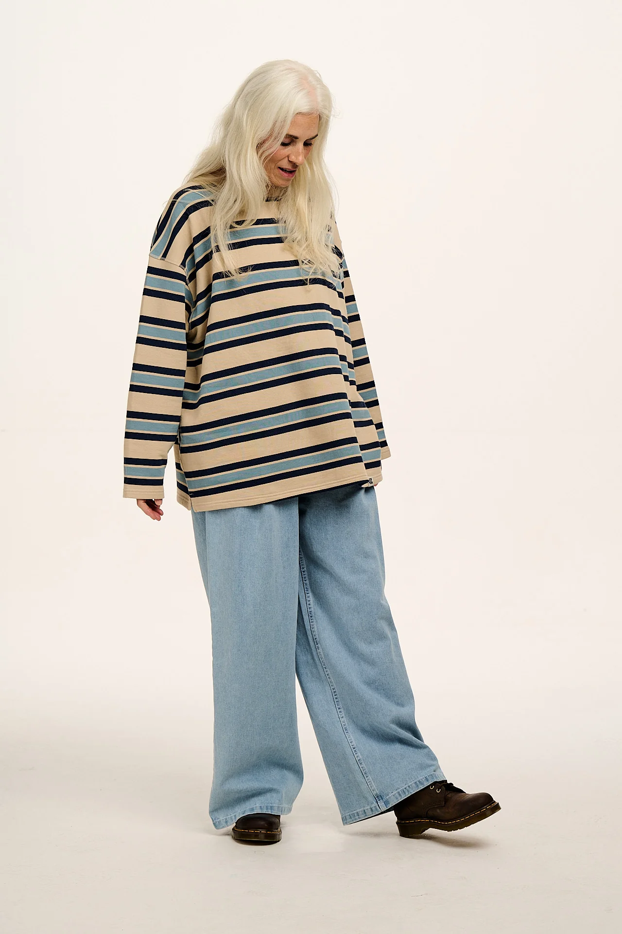Kai - Midweight Cotton Crew Neck Sweatshirt in Blue Stripe