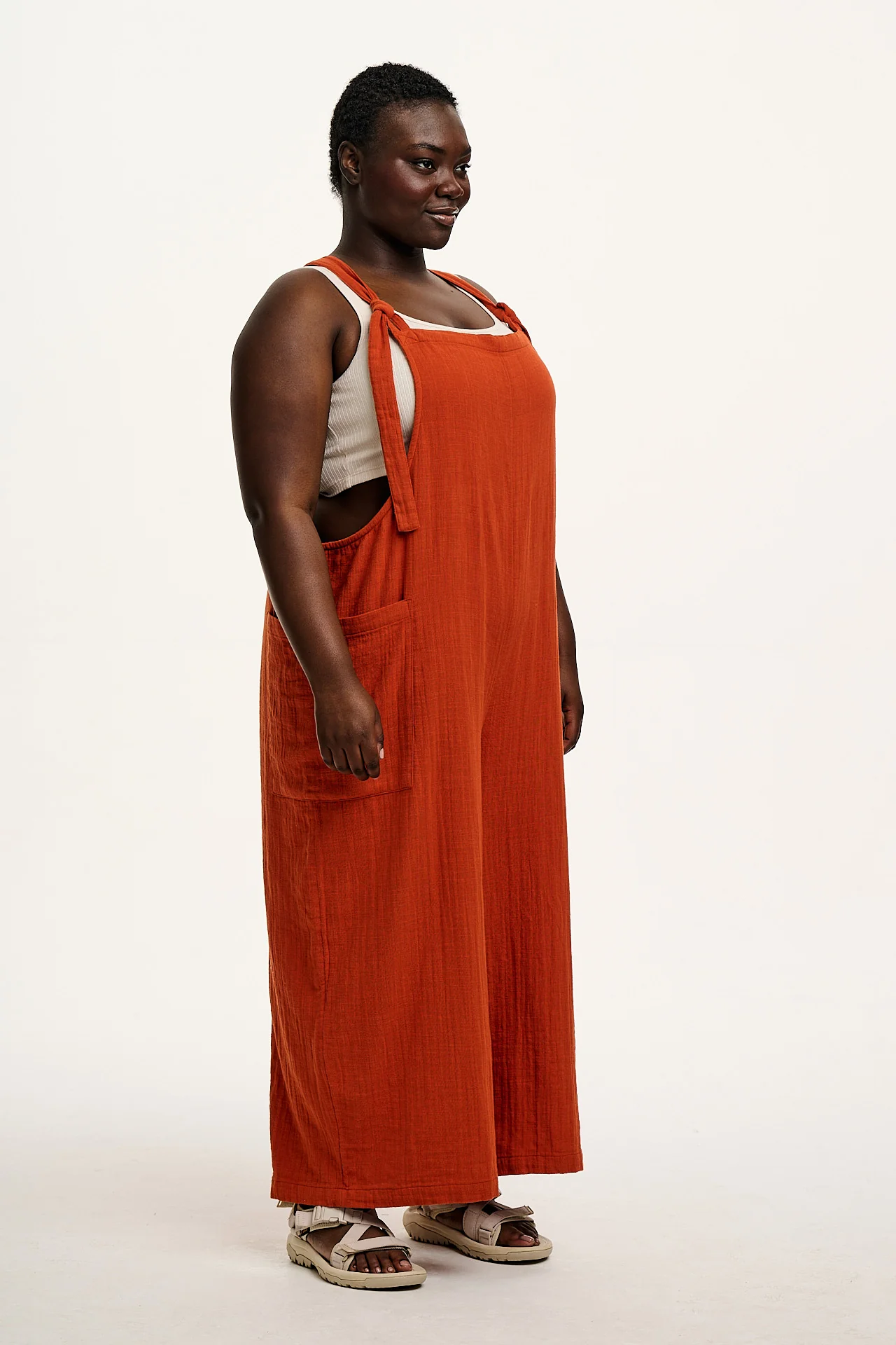 Rudy - Cotton Gauze Dungarees in Terracotta Orange