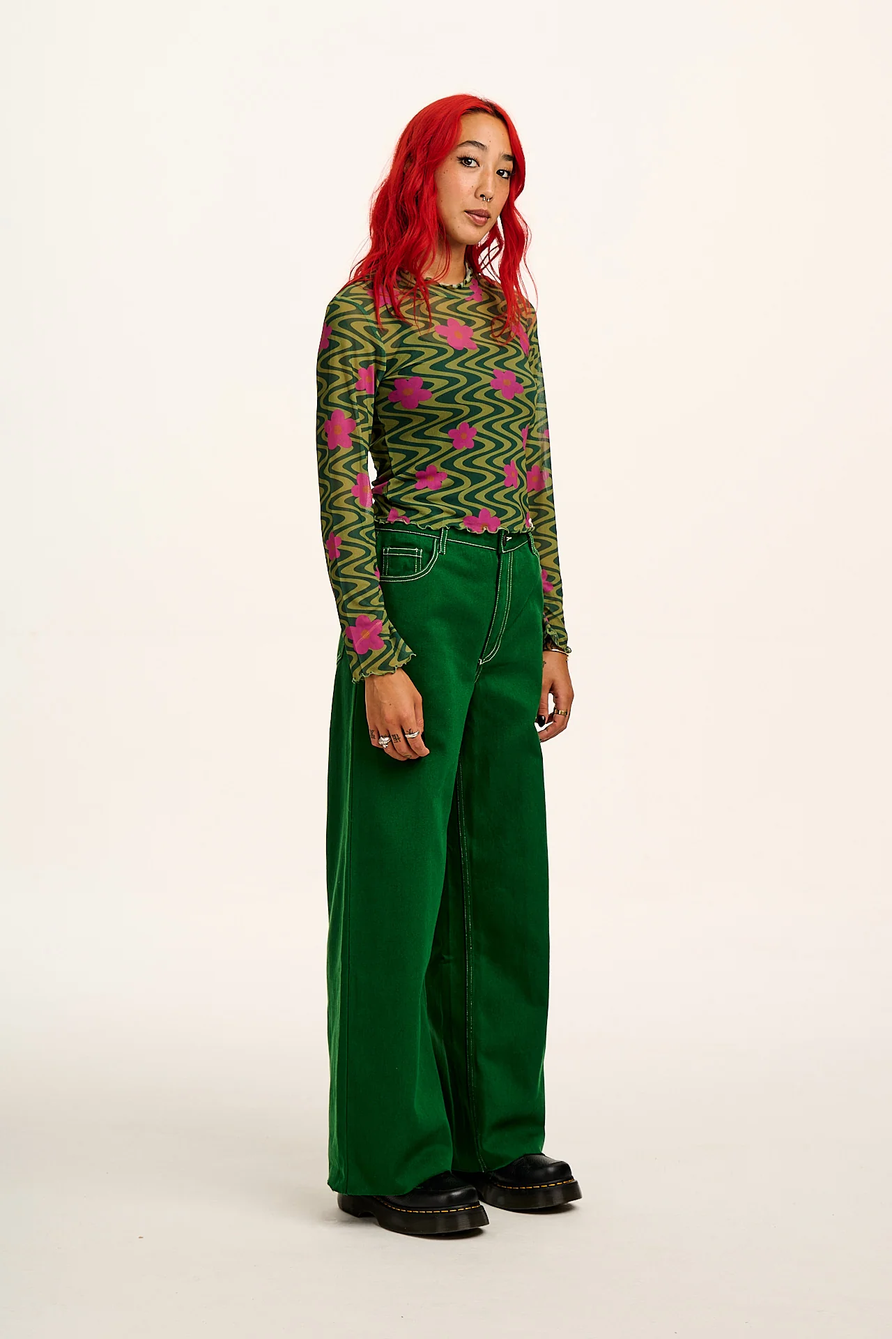 Perrie - Long Sleeve Mesh Top in Green Floral Swirl Print