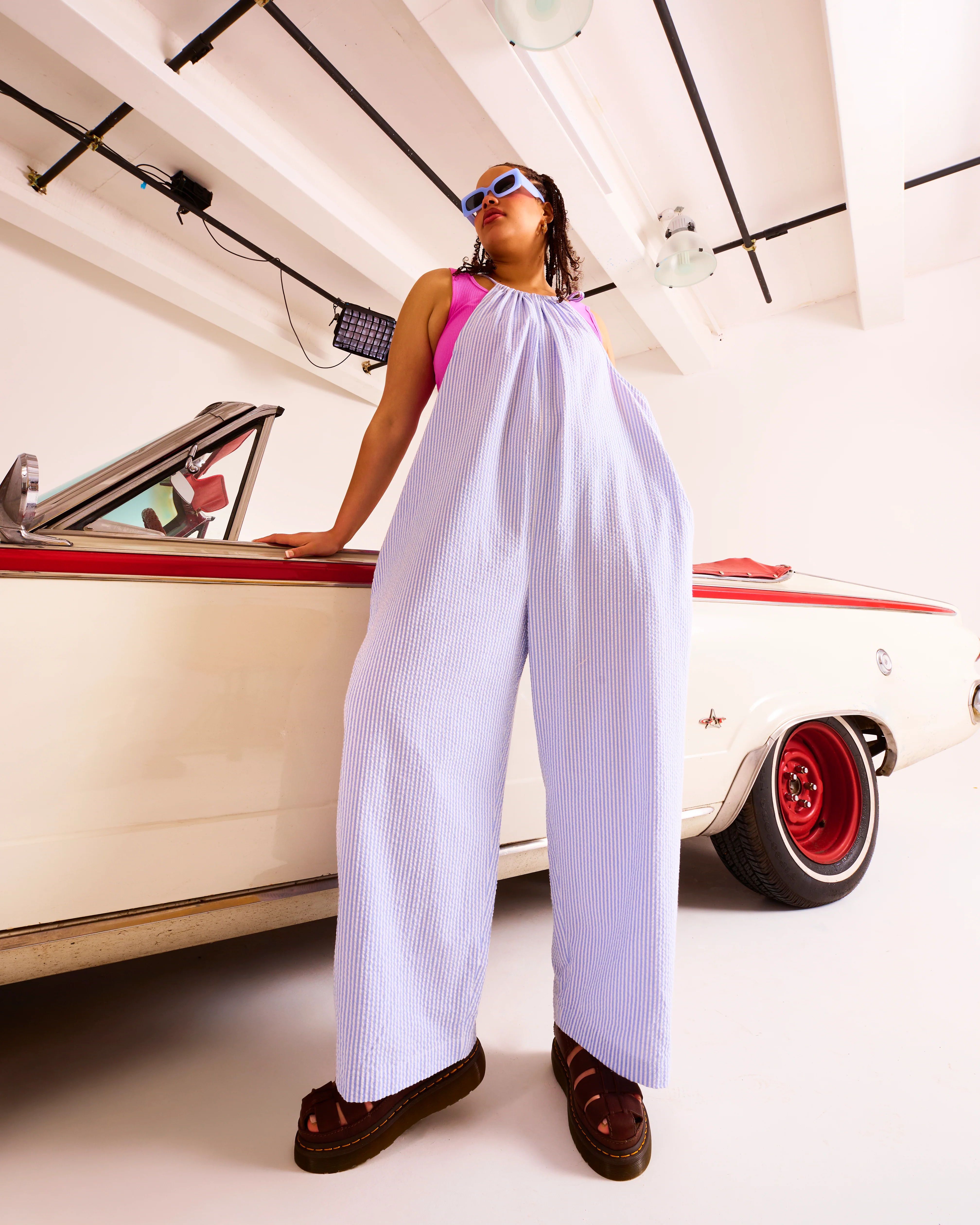 Ramona - Cotton Seersucker Jumpsuit in Blue Stripe