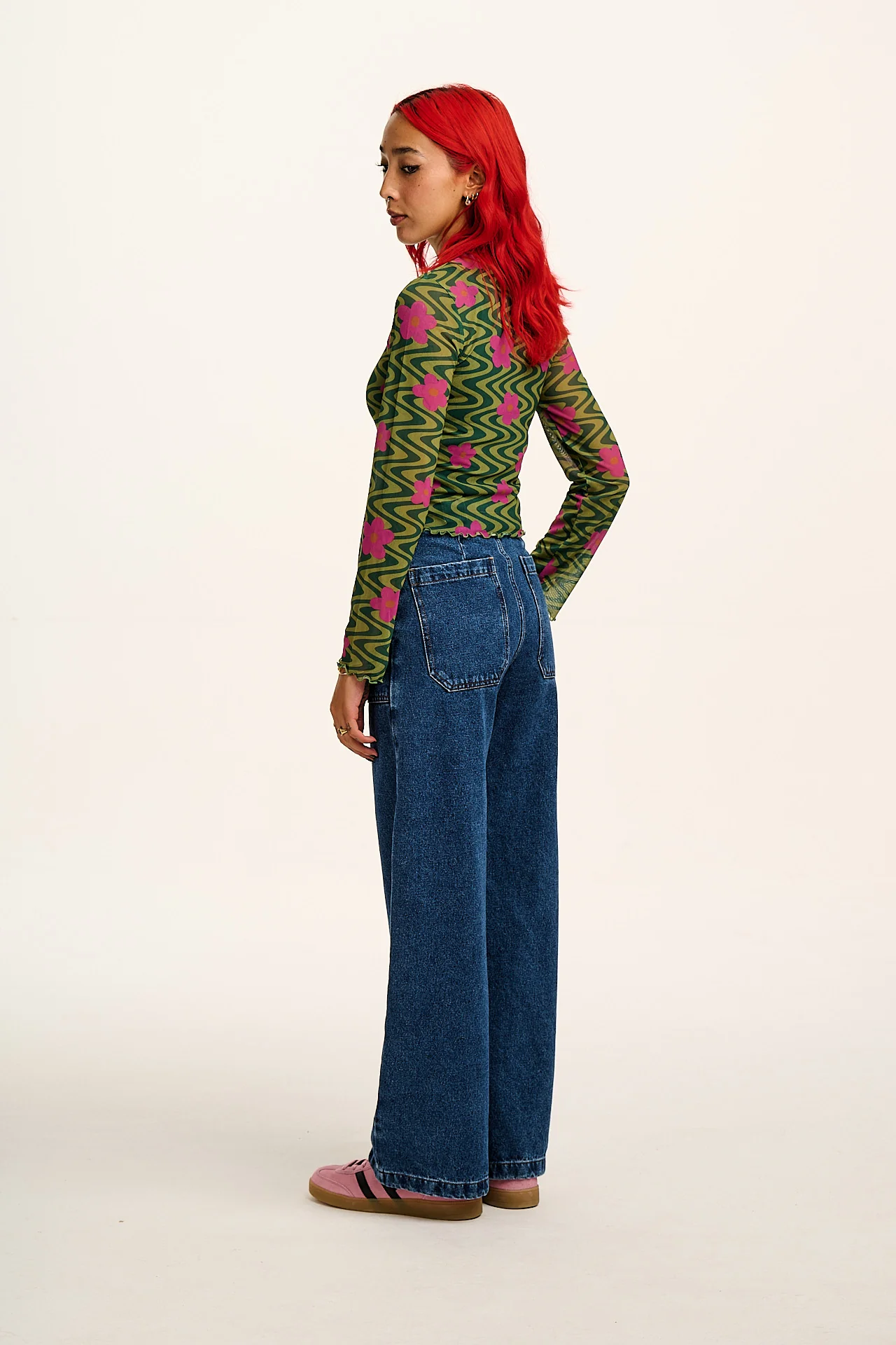 Perrie - Long Sleeve Mesh Top in Green Floral Swirl Print