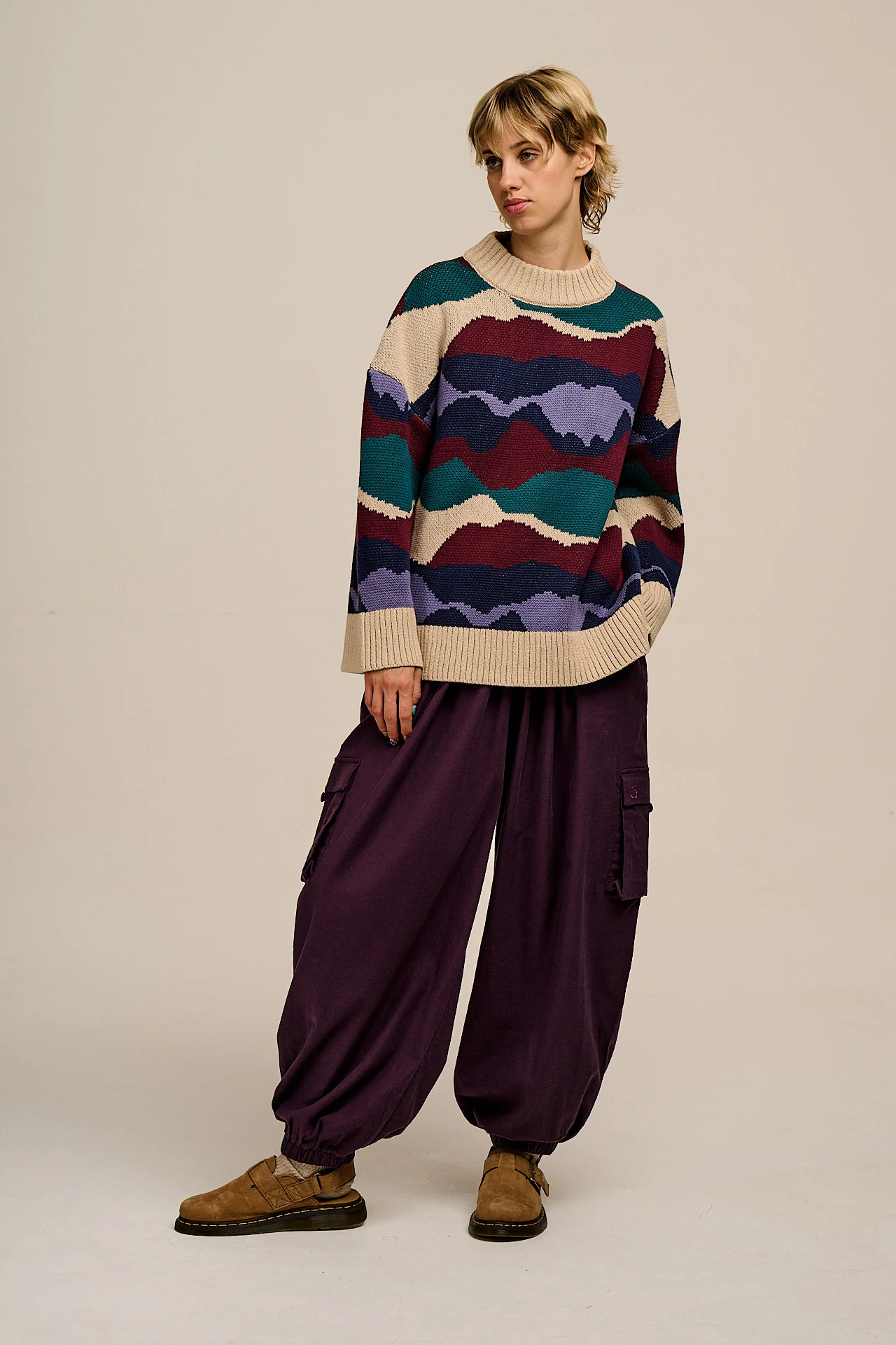 Rumi - Brushed Cotton Barrel Trousers in Plum Perfect