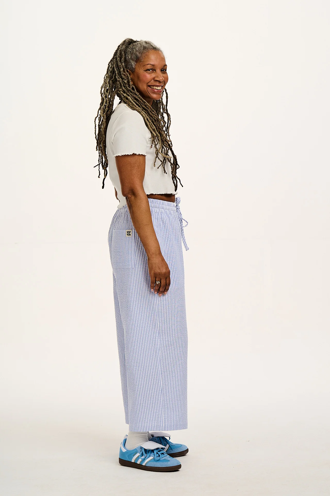 Chuck - Wide Leg Cotton Trousers in Blue Stripe