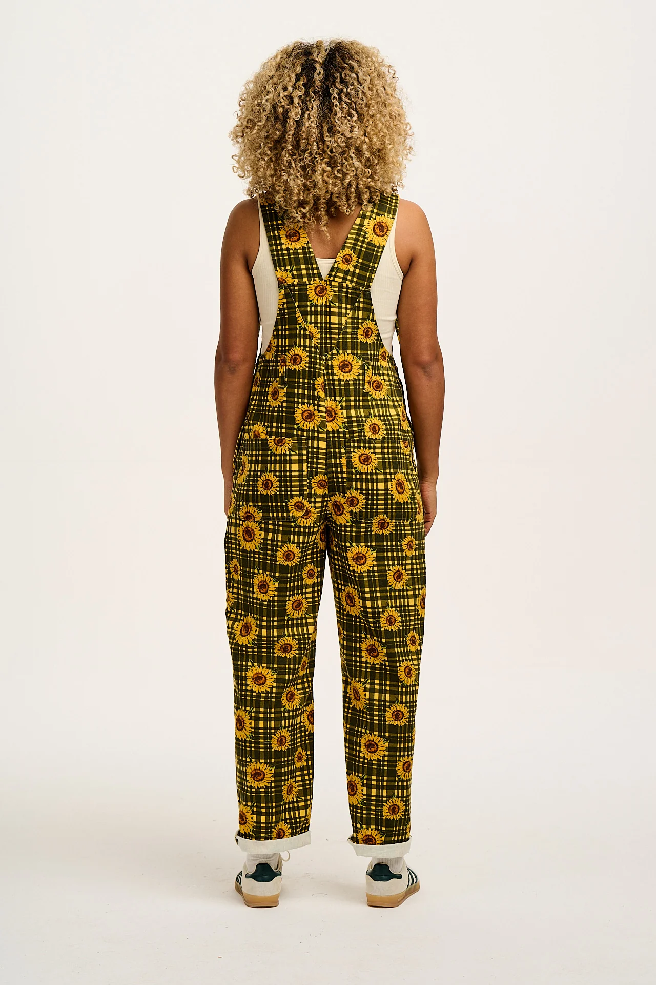 Easton - Cotton Dungarees in Green Sunday Sunflowers Print