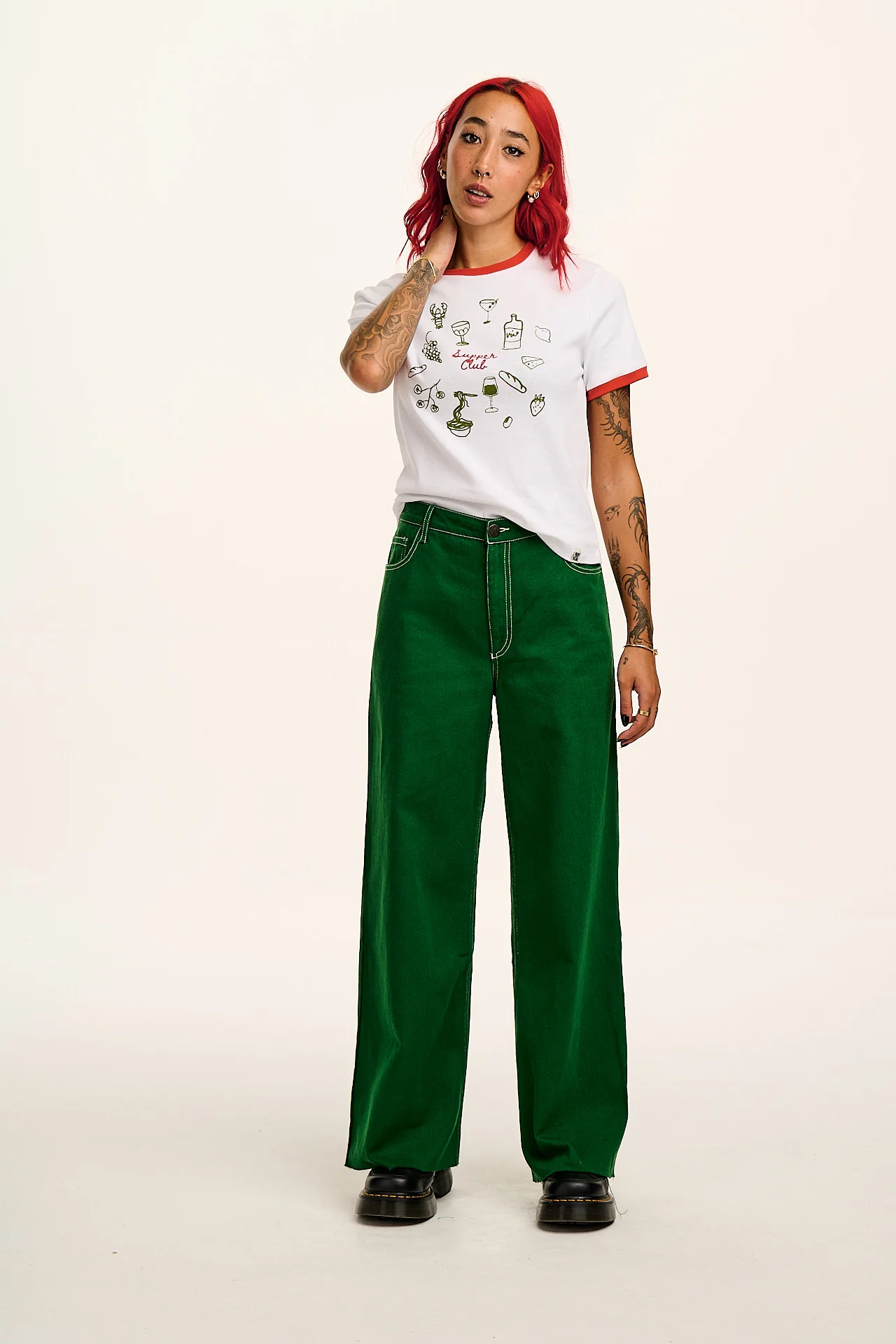Carter - High Waisted Jeans in Green Contrast Stitch