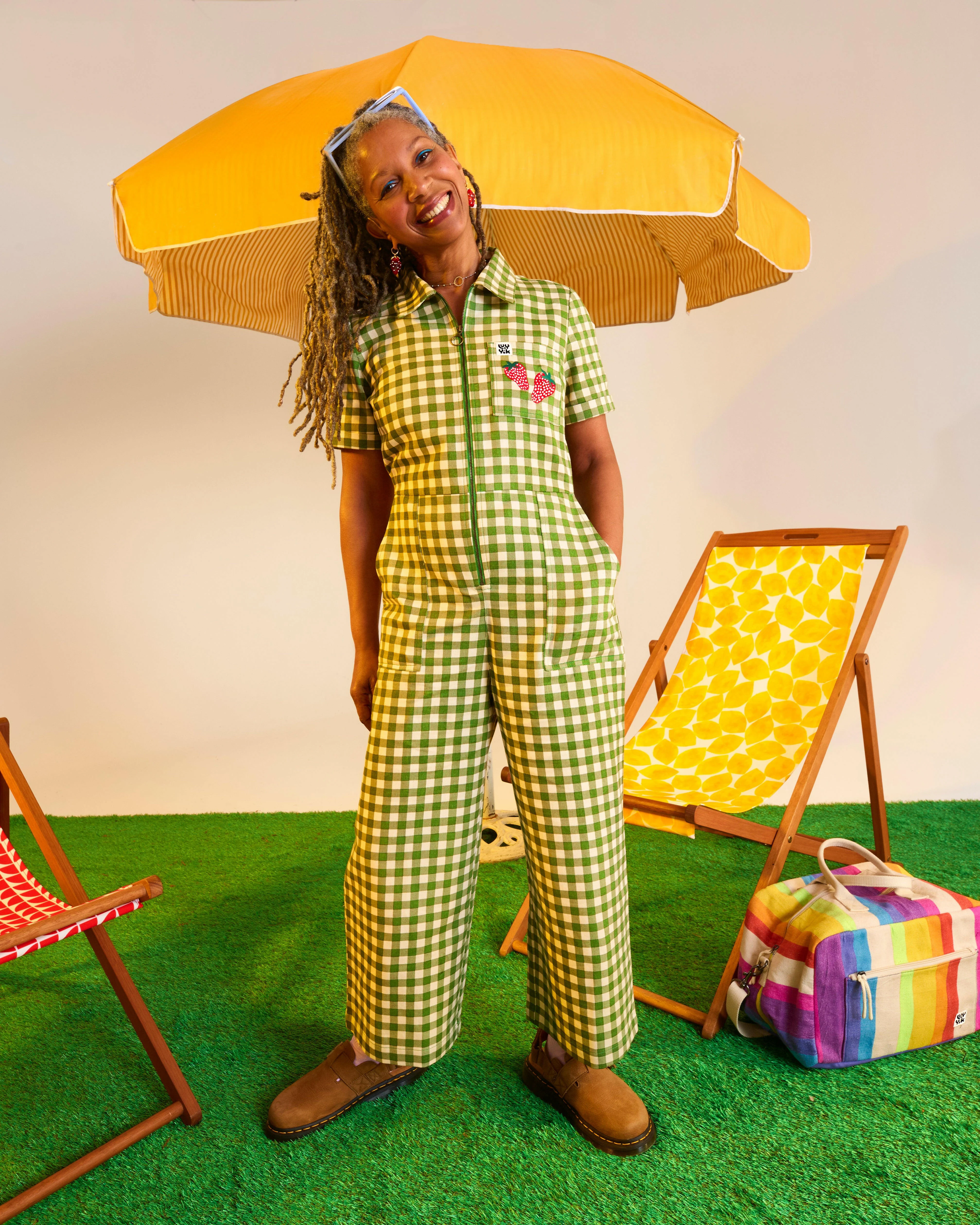 Ragan - Cotton Jumpsuit in Green Gingham with Strawberry Embroidery