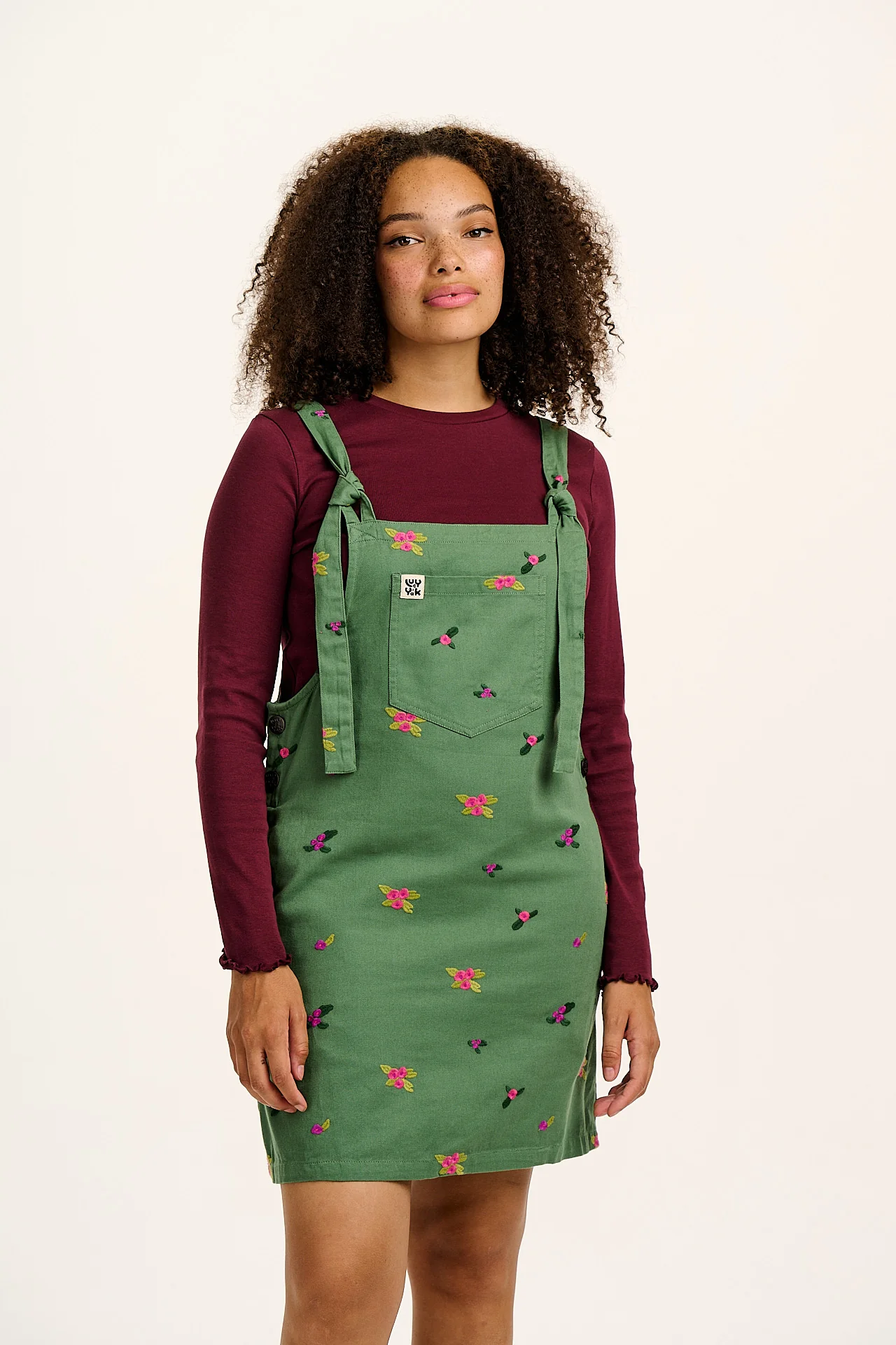 Mini Pini - Cotton Dress in Green with Floral Embroidery