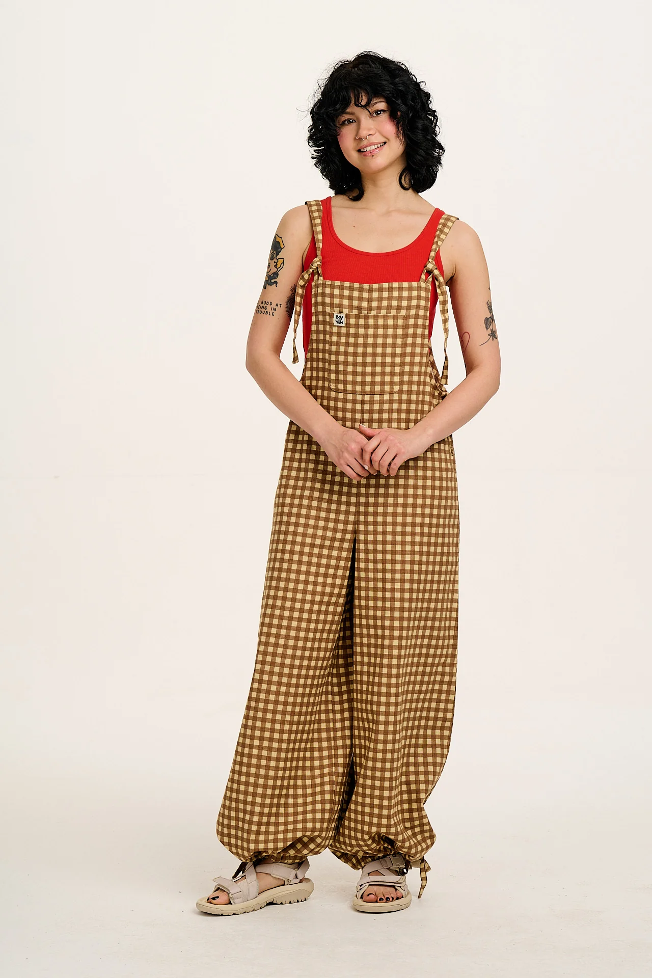 Ali - Wide Leg Cotton Dungarees Brown Birch Gingham Print