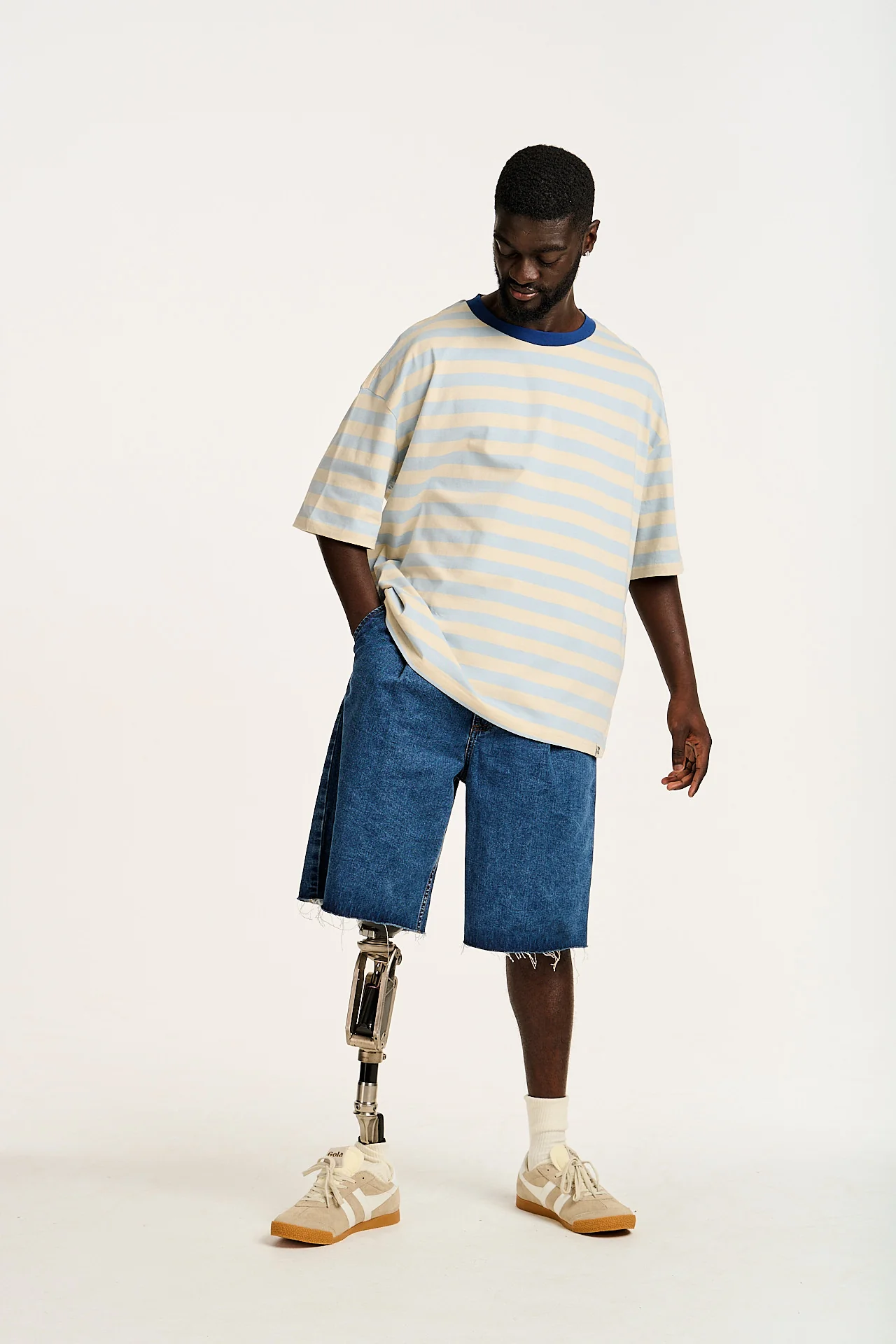 Benny - Oversized Cotton Tee in White & Blue Stripe