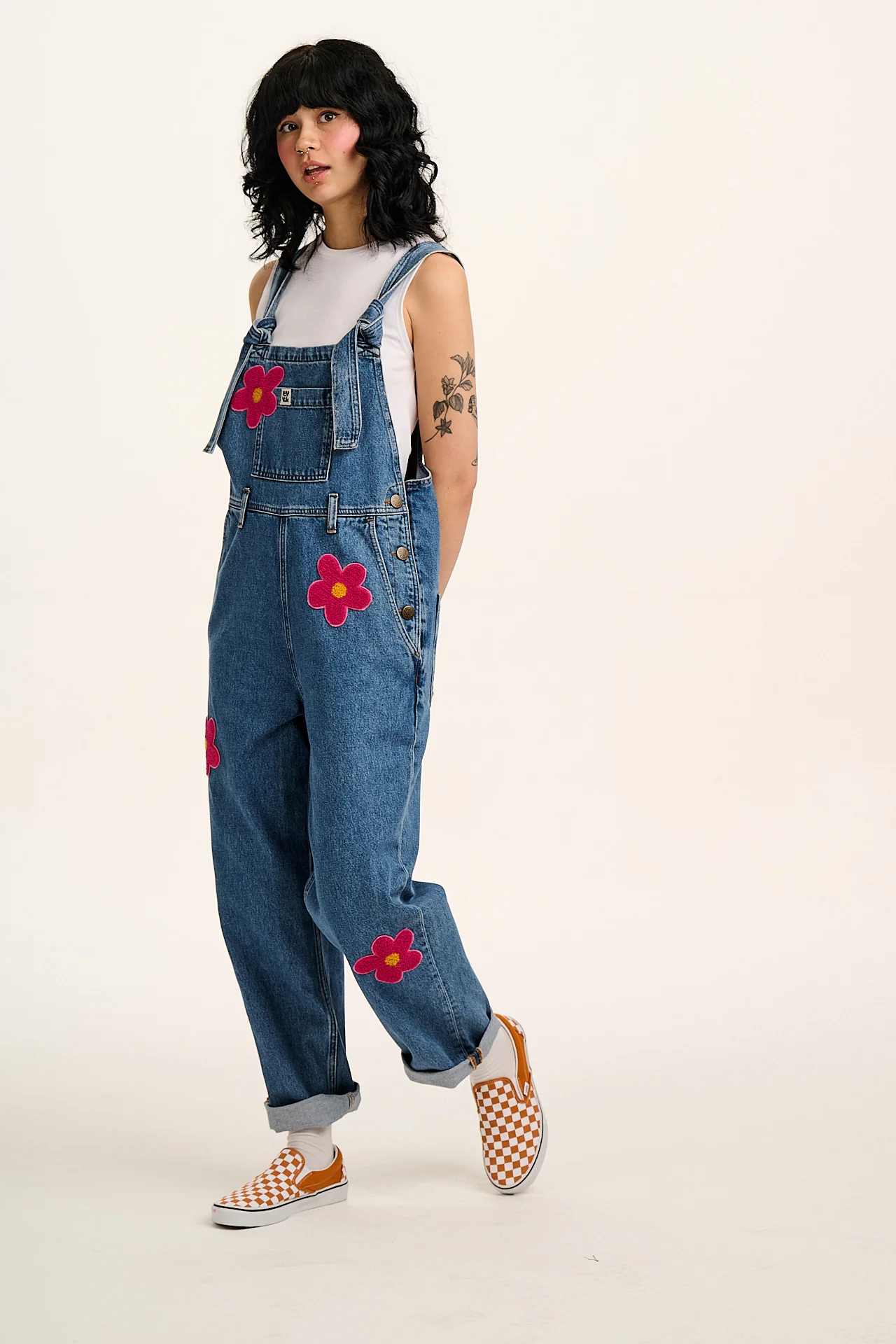 Easton - Denim Dungarees in Mid Wash Blue with Pink Flower Motif