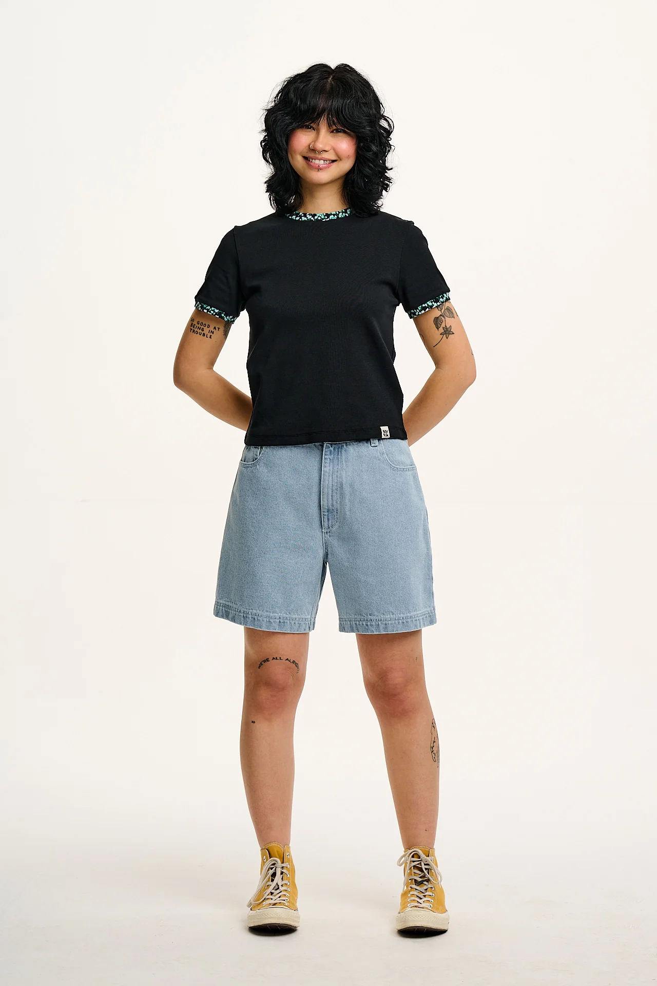 Maya - Cotton Tee in Black with Ditsy Floral Print