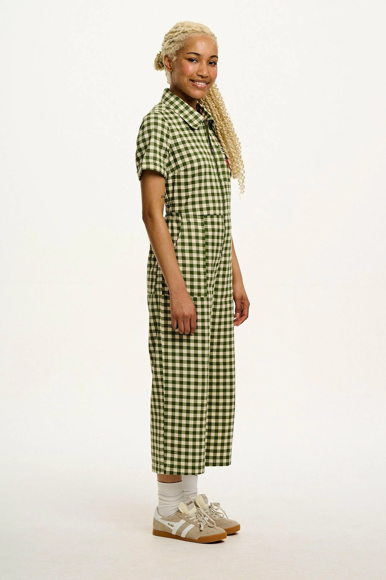 Ragan - Cotton Jumpsuit in Green Gingham with Strawberry Embroidery