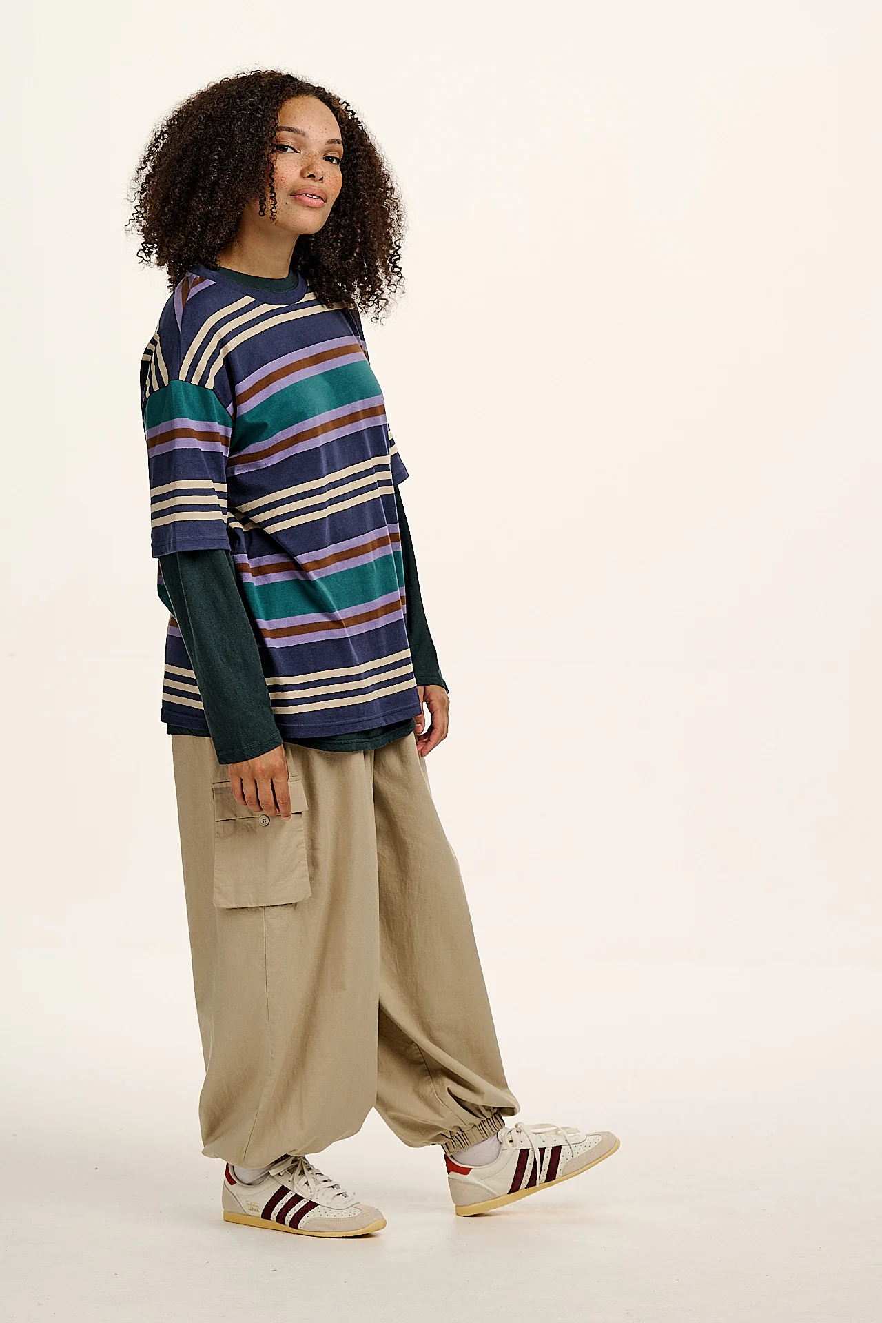 Benny - Oversized Cotton Tee in Blue Earthy Stripe