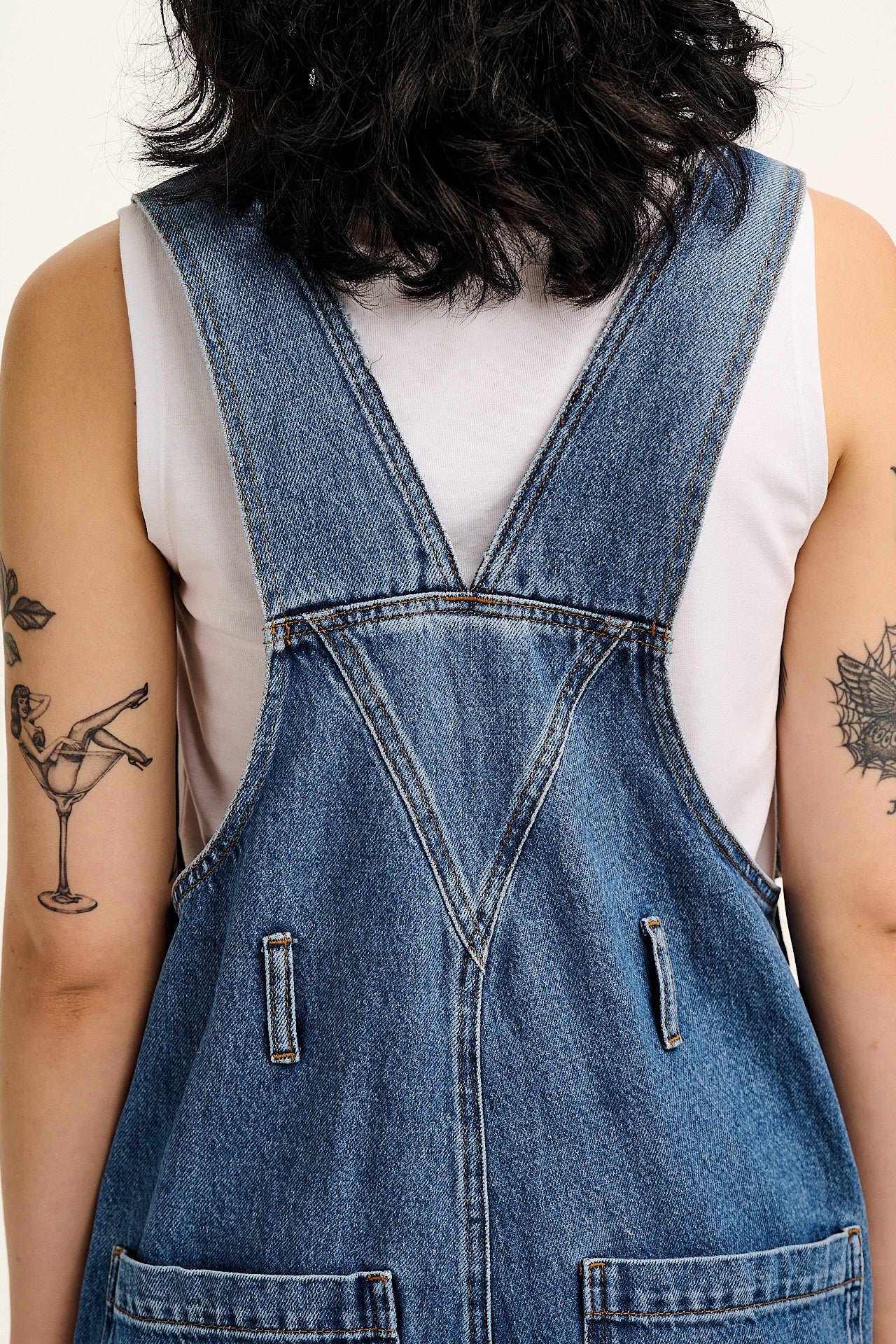 Easton - Denim Dungarees in Mid Wash Blue with Pink Flower Motif